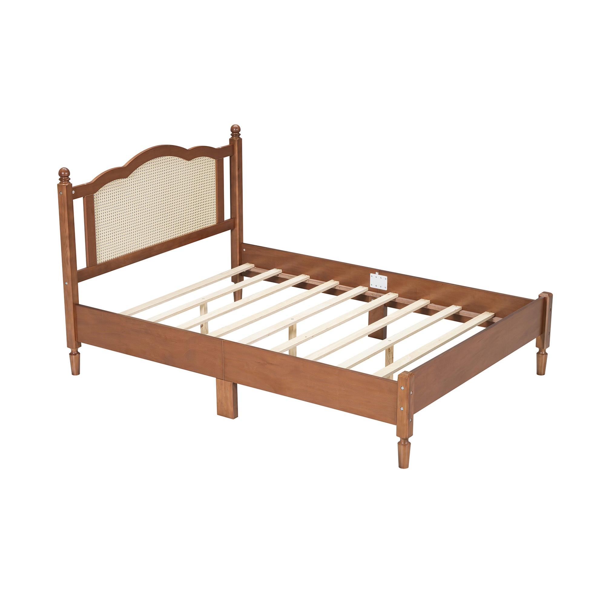 Full Size Wooden Platform Bed With Natural Rattan Headboard, Vintage Bed Frame With Wooden Slat Support, Walnut Expected Arrival Time: 08.23 Box Spring Not Required Full Walnut Wood
