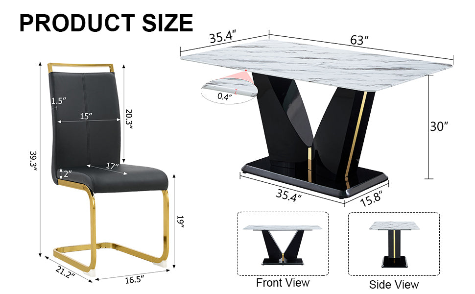 Table And Chair Set, White Imitation Marble Texture Glass Tabletop, Black Mdf Table Legs, Stable And Beautiful. Modern Simple Dining Table, Comfortable Seating. White Black Seats 4 Mdf Glass