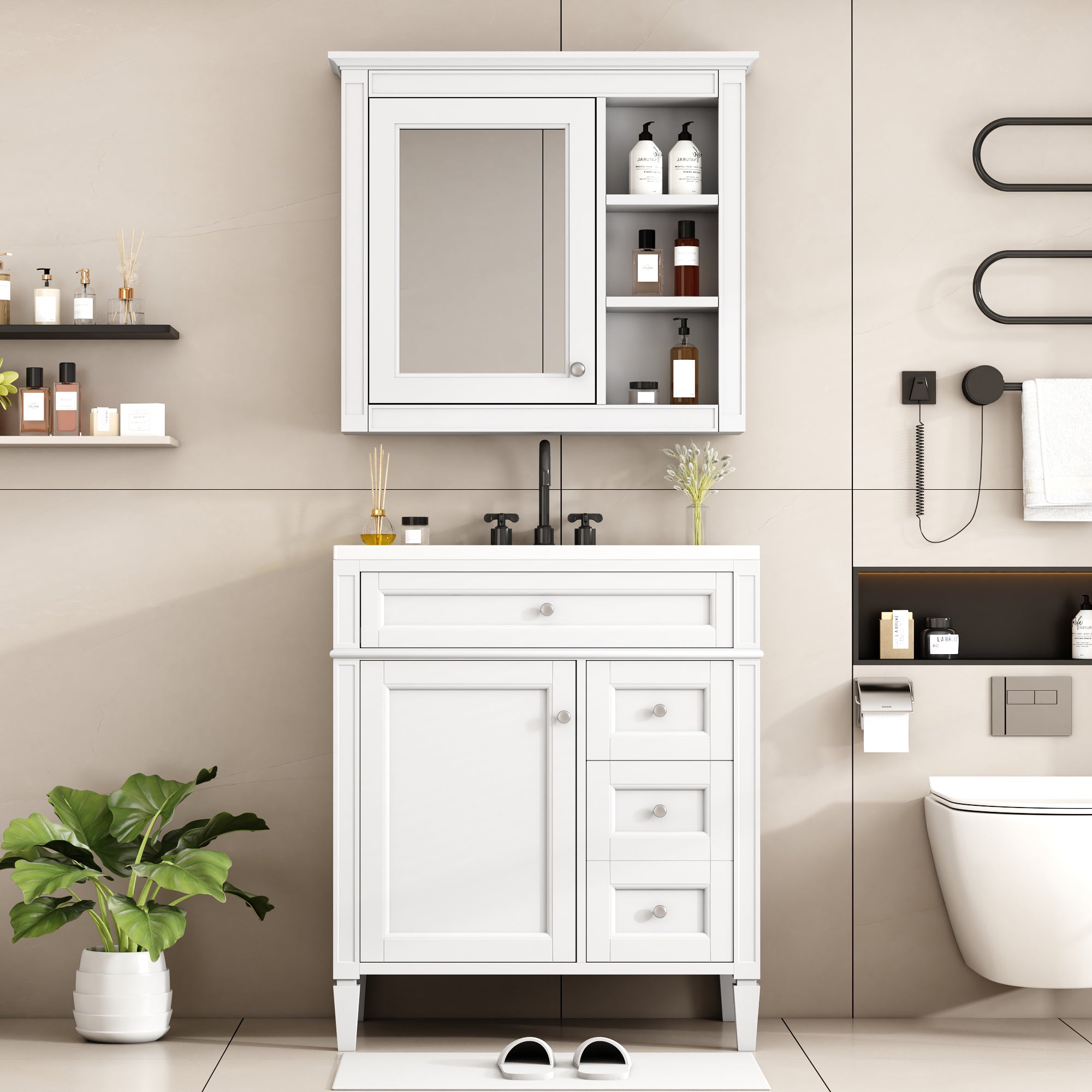 30'' Bathroom Vanity With Top Sink, Modern Bathroom Storage Cabinet With 2 Drawers And A Tip Out Drawer, Freestanding Vanity Set With Mirror Cabinet, Single Sink Bathroom Vanity 3 White Bathroom Solid Wood Mdf Resin Painted