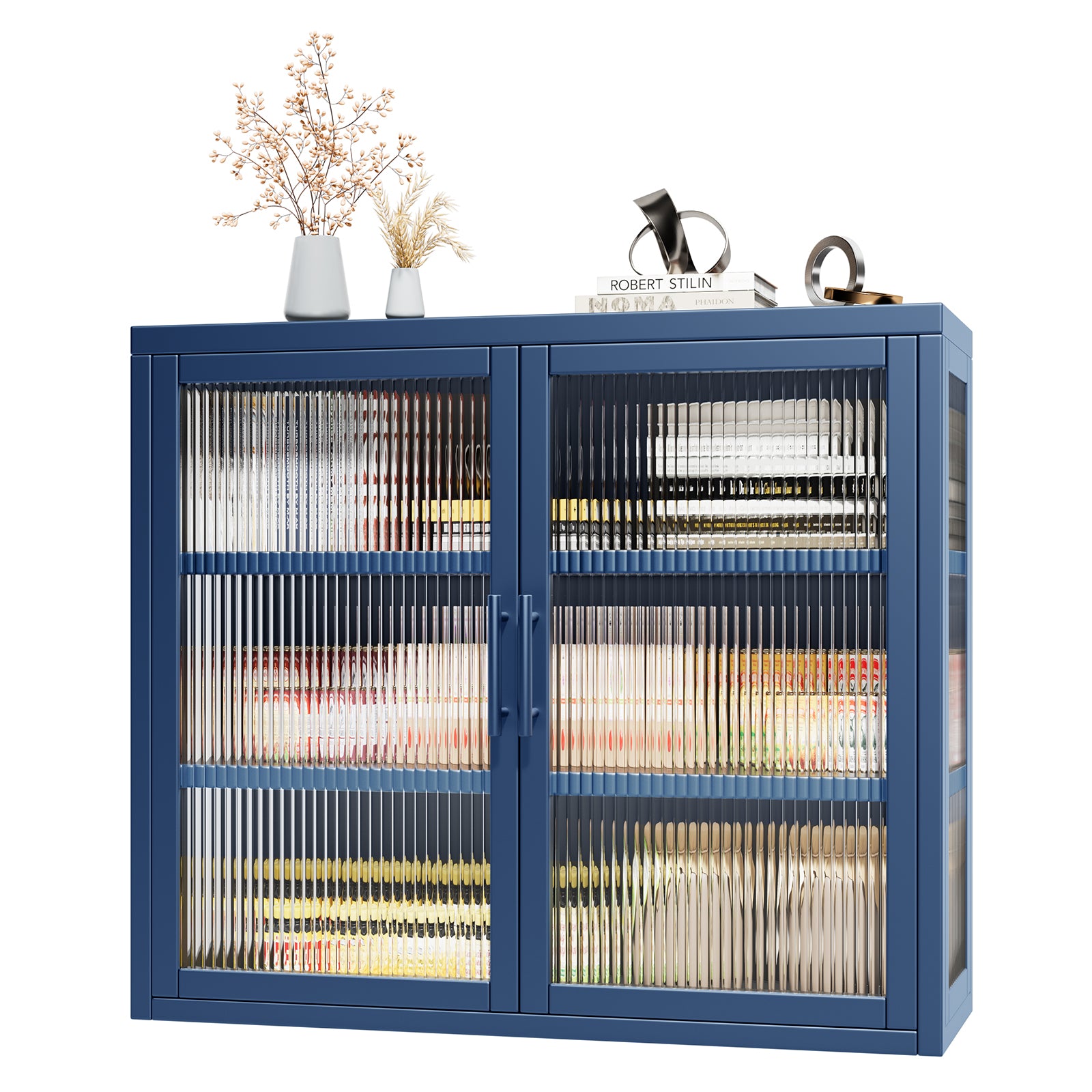 Retro Style Haze Double Glass Door Wall Cabinet With Detachable Shelves For Office, Dining Room,Living Room, Kitchen And Bathroom Blue Color Blue Tempered Glass Sheet Metal Plastic