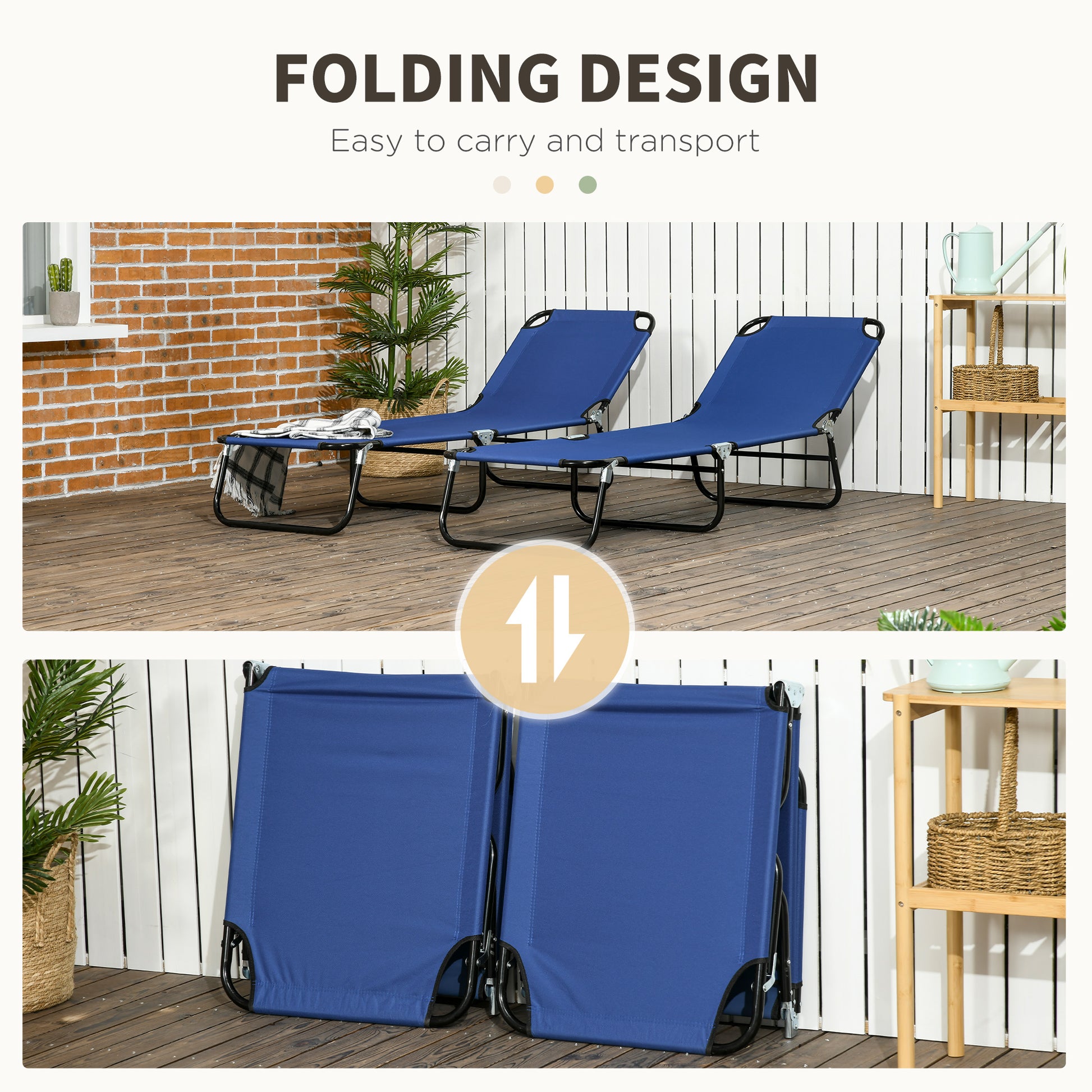 Outsunny 2 Piece Folding Chaise Lounge Pool Chairs, Outdoor Sun Tanning Chairs With 5 Level Reclining Back, Steel Frame For Beach, Yard, Patio, Blue Blue Steel