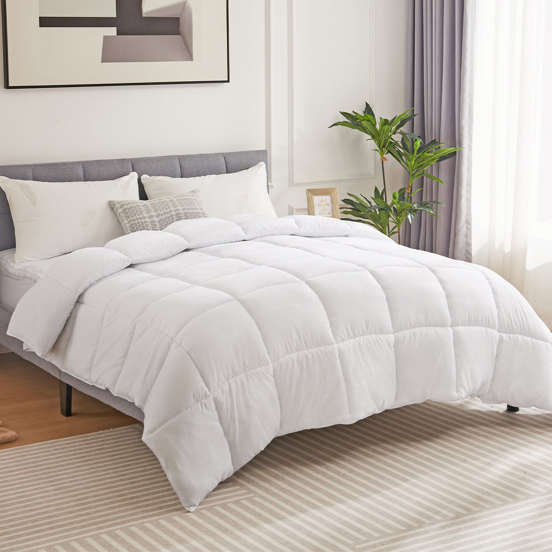 Bedding Polyester Comforter Duvet Insert, Quilted Comforter With Corner Tabs, Box Stitched Alternative Comforter With Ultra Soft Fiber Material, All Season Comforter Insert White Polyester