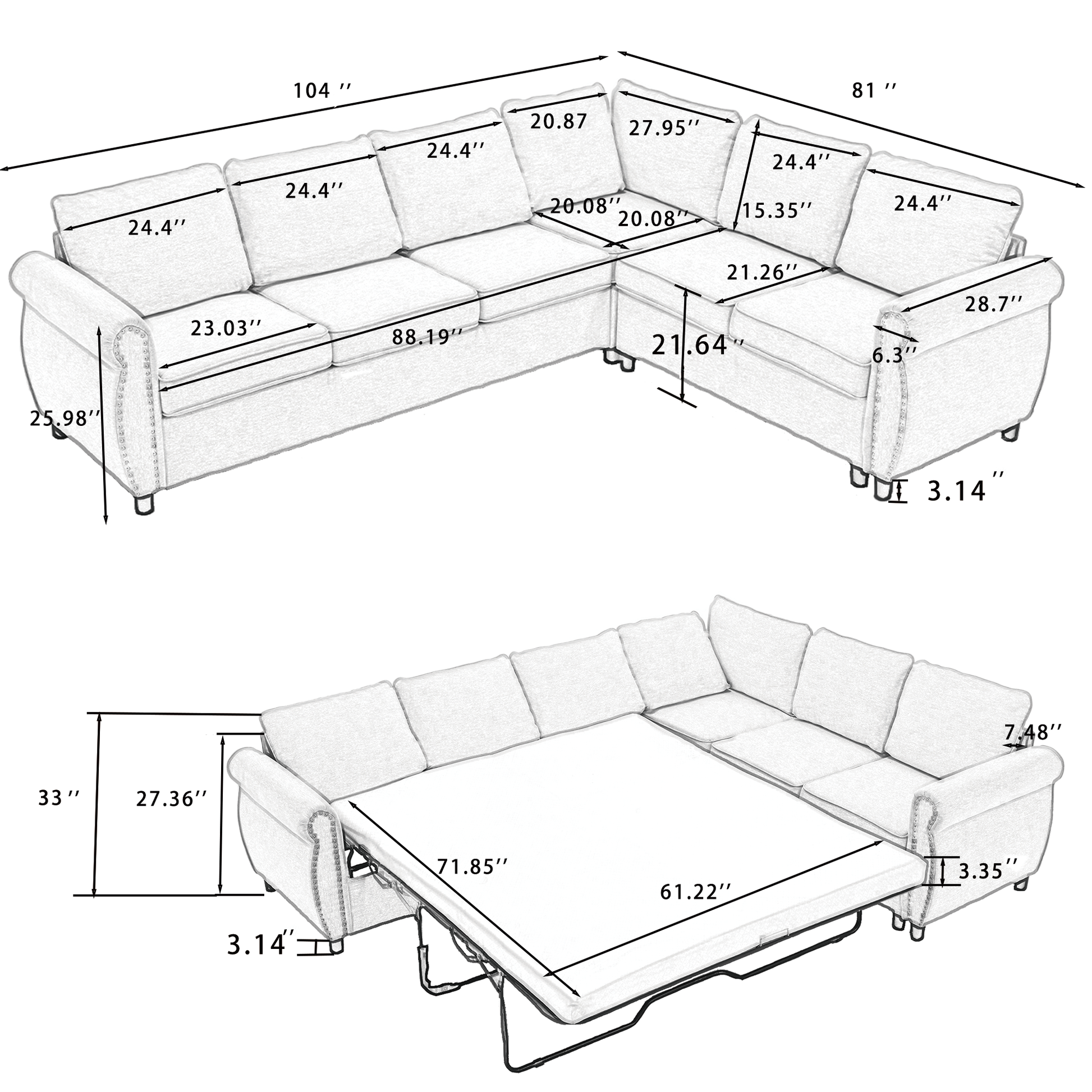 Arrived Sleeper Sofa, 2 In 1 Pull Out Couch Bed,6 Seater Sofa Bed, L Shaped Sleeper Sectional Sofa Couch,Riveted Sofa,104'' Large Combined Sofa Bed In Living Room, Dark Gray Gray Polyester Wood Primary Living Space Medium Soft Cushion Back Modern