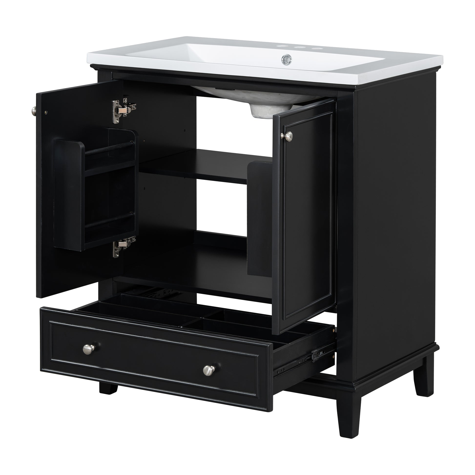 30" Bathroom Vanity With Sink Combo, Multi Functional Bathroom Cabinet With Doors And Drawer, Solid Frame And Mdf Board, Black Black Solid Wood Mdf