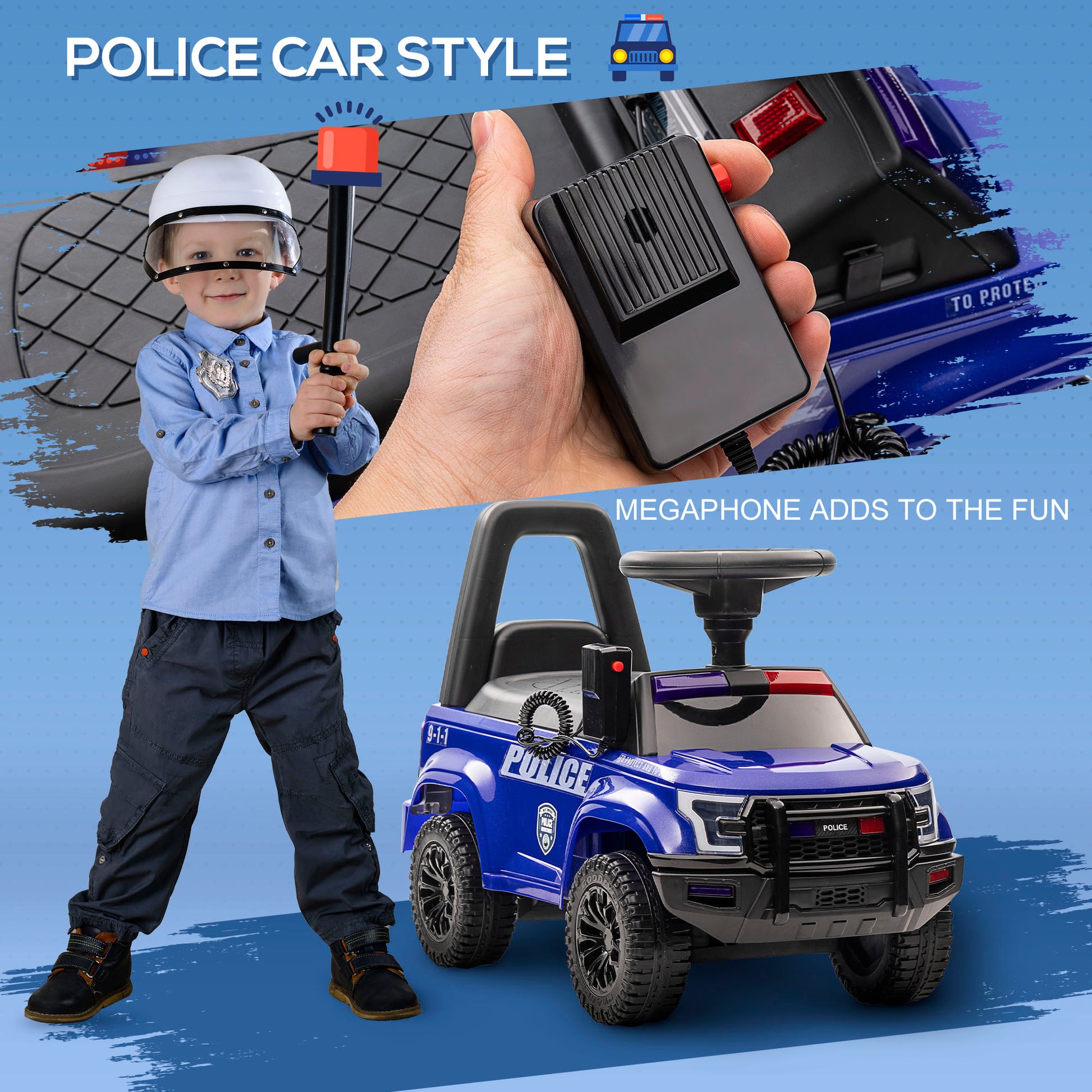 Aosom Kids Push Ride On Car With Working Pa System And Horn, Police Truck Style Foot To Floor Sliding Car For Boys And Girls With Under Seat Storage, For 18 Months To 5 Years Old, Blue Blue Plastic