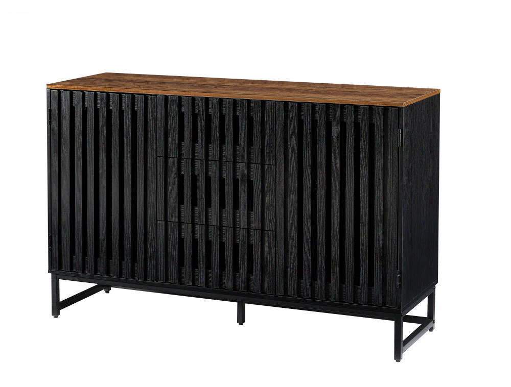 3 Drawer And 4 Shelves Dresser With Slatted Grille Striped Drawer And Doors, Modern Style Dresser, High Quality Mdf And Metal Leg Black Brown Mdf