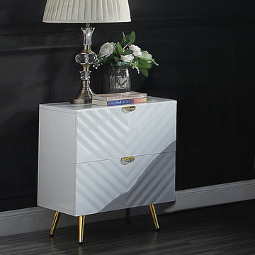 White High Gloss 2 Drawer Nightstand White 2 Drawers Bedroom Drawers White Wood Metal