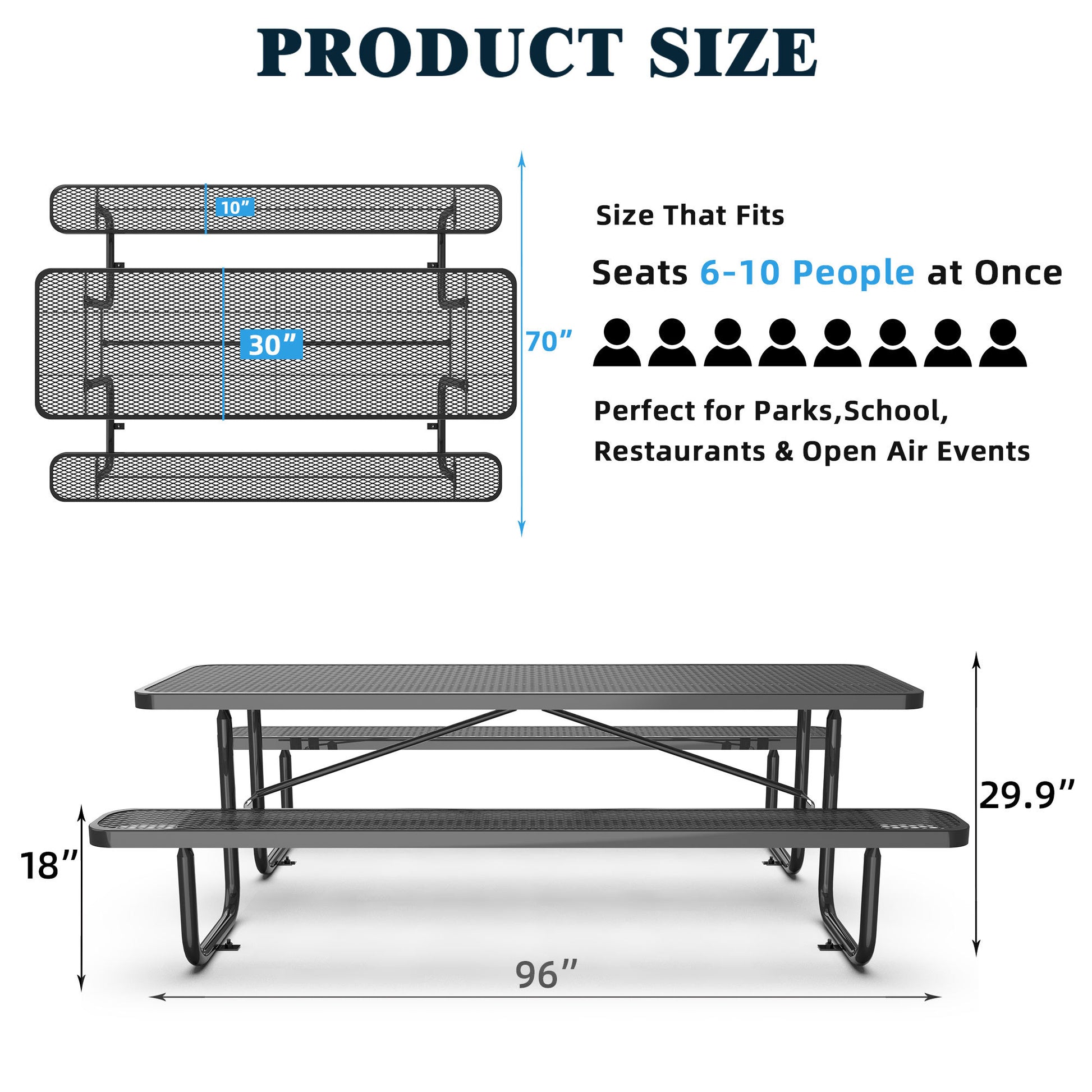 96" Expanded Metal Rectangular Picnic Table, Black Black Steel Steel