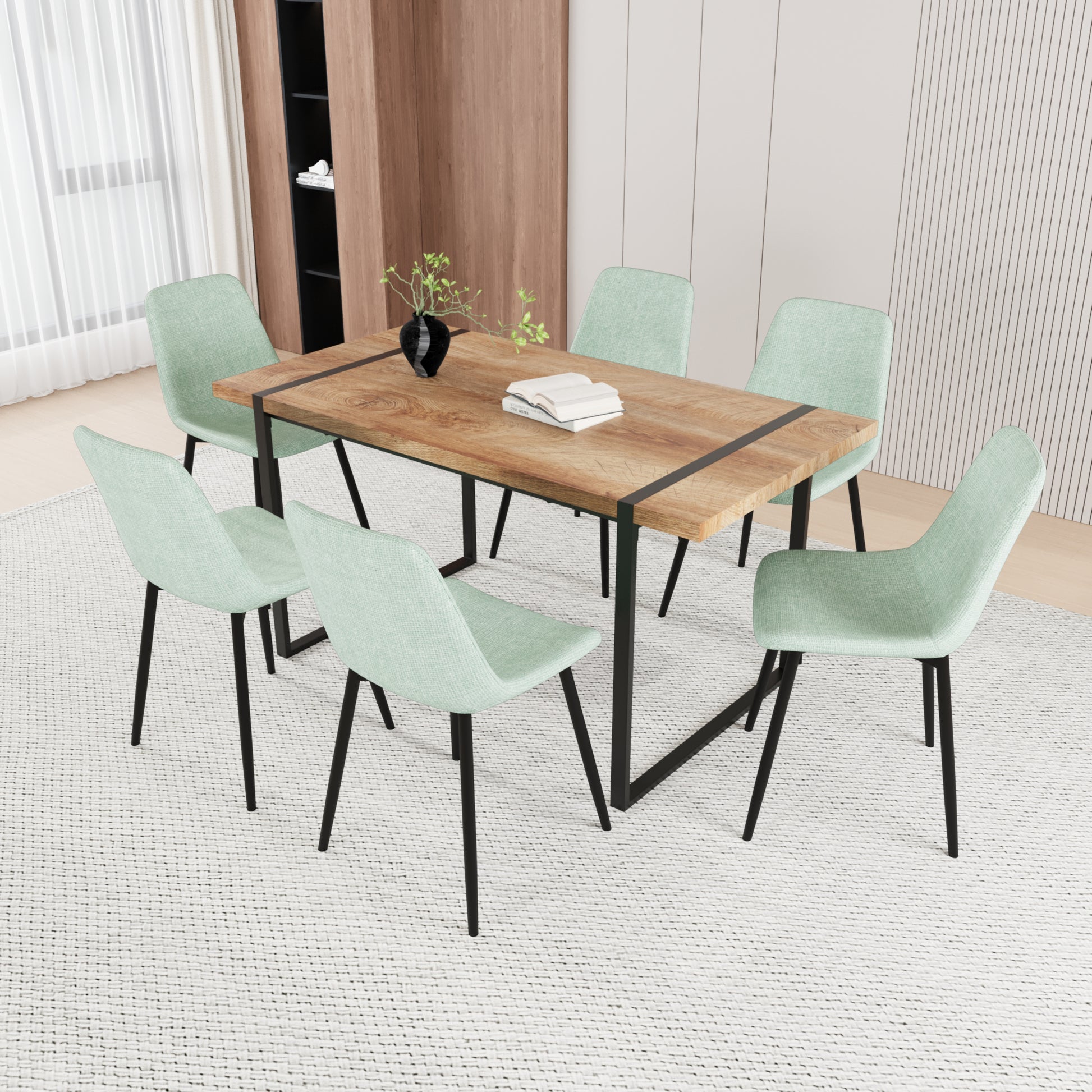 59" Mdf Natural Wood Dining Table And Modern Dining Chair 8 Piece Set, Medieval Kitchen Dining Table Set, Rectangular Metal Base, Dining Table And Velvet Chair Green Buy 6 Chairs And Get 2 Free