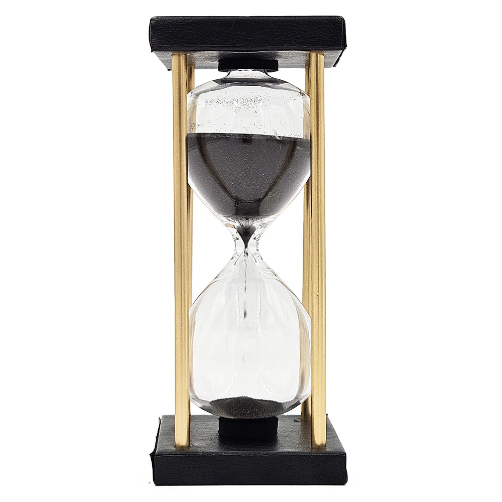 Set Of 2, 3X3X7" Stanley 15 Minute Hourglass, Framed With An Metal Stand, Black Black Glass Metal,Mdf,Pu Leather