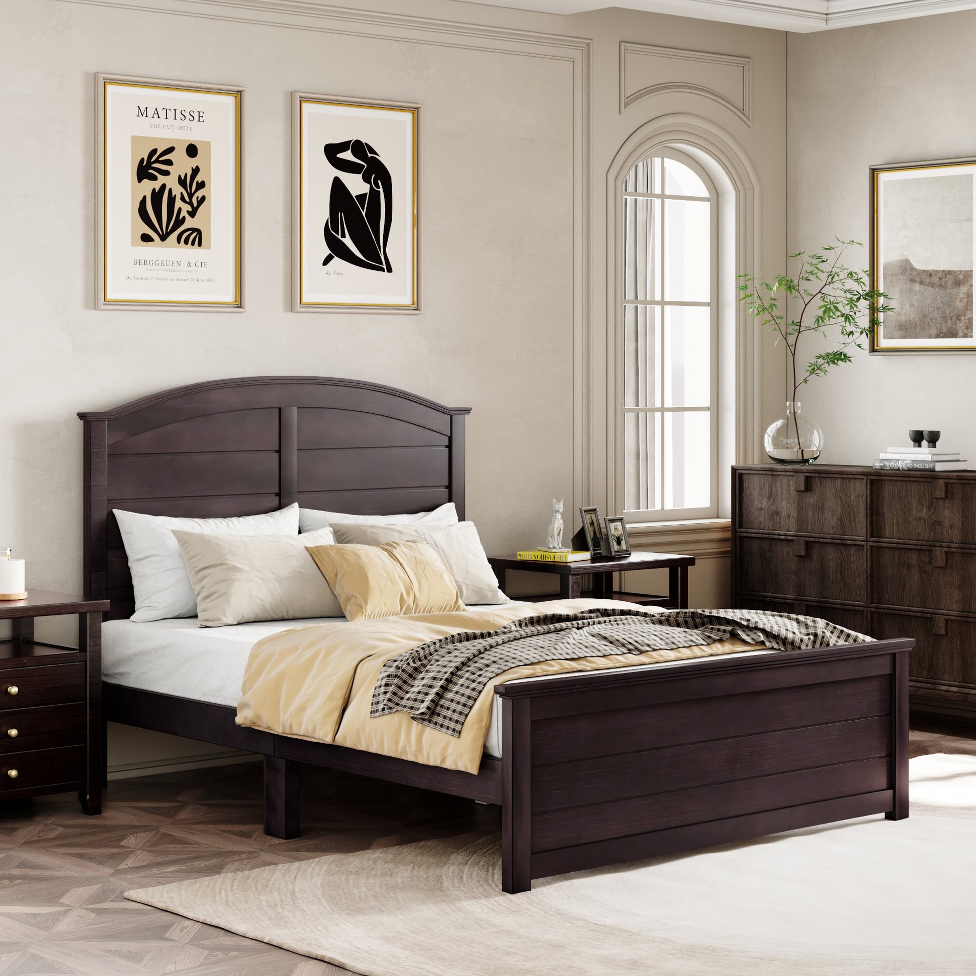 Farmhouse Wooden Platform Queen Size Bed With Curl Design Headboard And Footboard For Teenager, Espresso Queen Espresso Pine