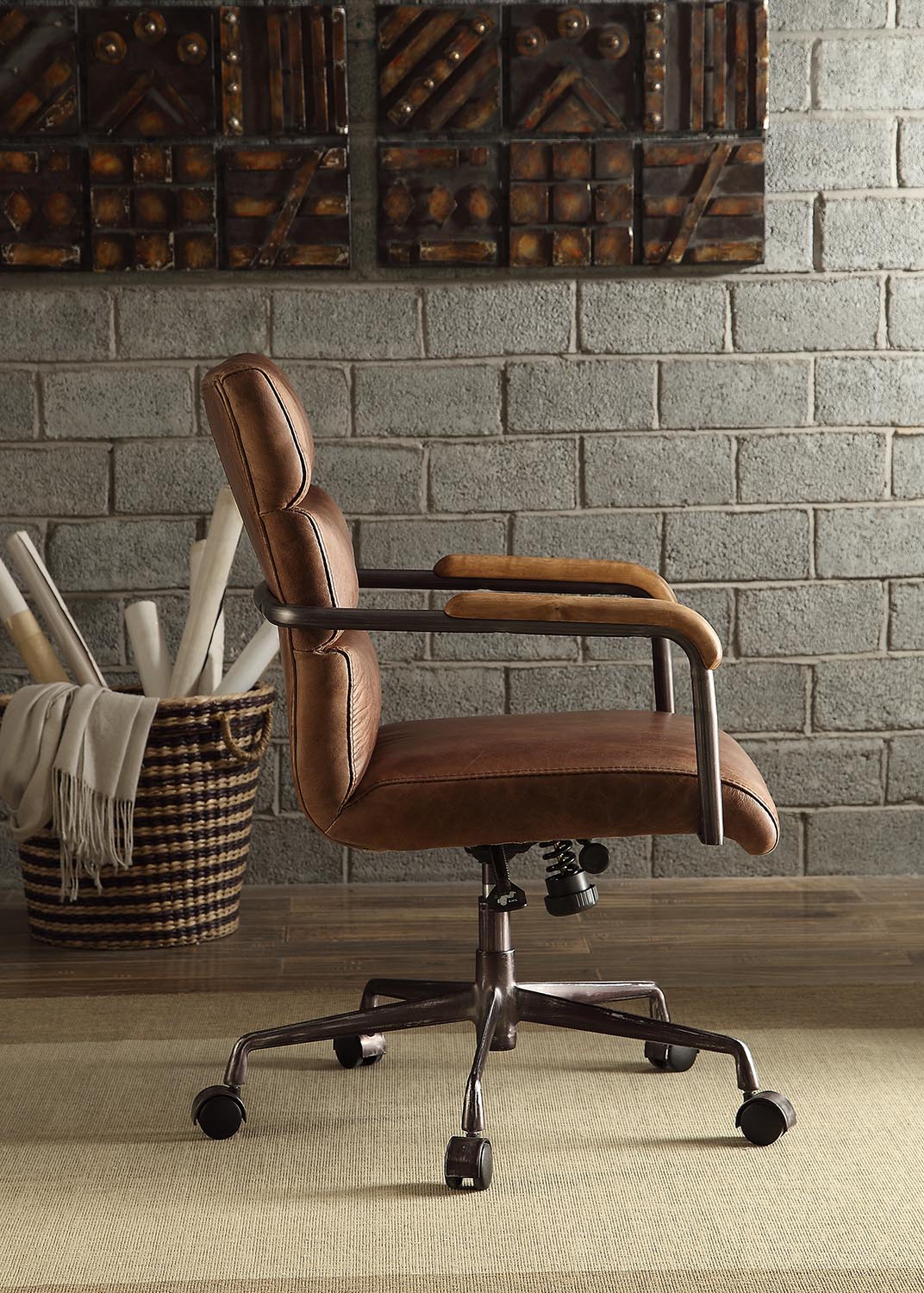 Harith Retro Brown Top Grain Leather Office Chair Brown Leather