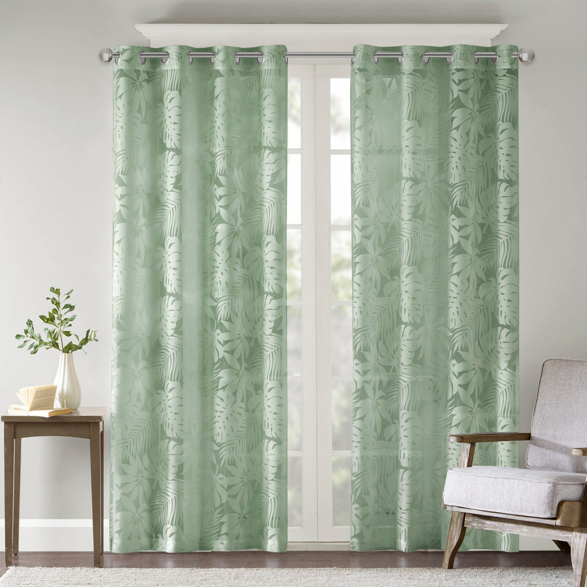 Palm Leaf Burnout Window Sheer Sage Green 50X84" Sage Green Polyester