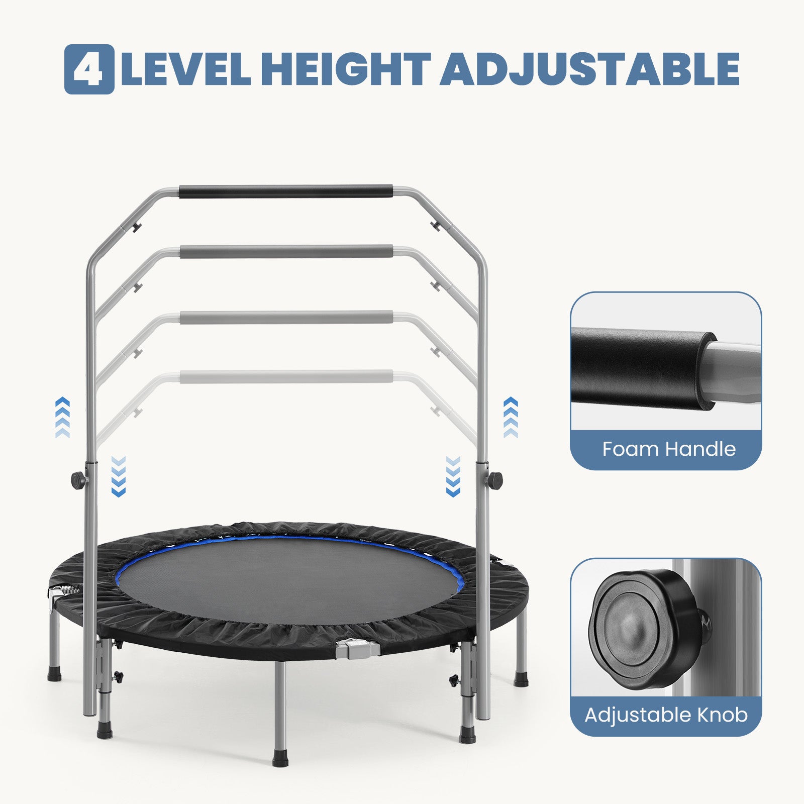 40" Foldable Mini Trampoline For Adults, Trampoline For Adults With Adjustable Bar Blue Abs Rubber Steel Q235