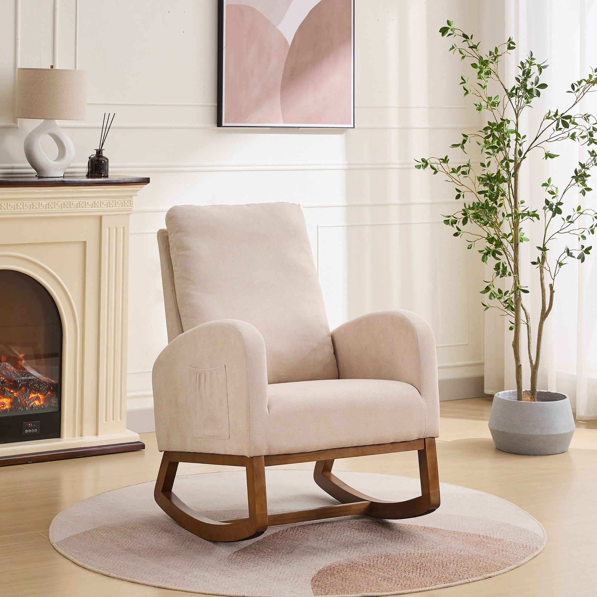 27.2"W Rocking Chair For Nursery, Polyester Glider Chair With High Back And Side Pocket, Rocking Accent Armchair With Rubber Wood Legs For Living Room Bedroom.Beige Beige Polyester