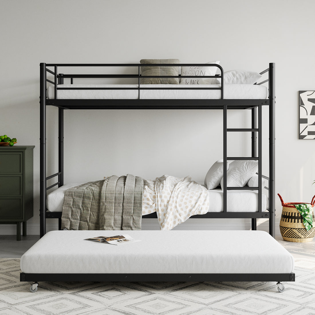 Twin Bunk Bed With Trundle Metal Bunkbeds With Ladder And Full Length Guardrail, Noise Free, No Box Spring Needed, Black Box Spring Not Required Twin Black Metal Bedroom Modern Bunk Metal Metal