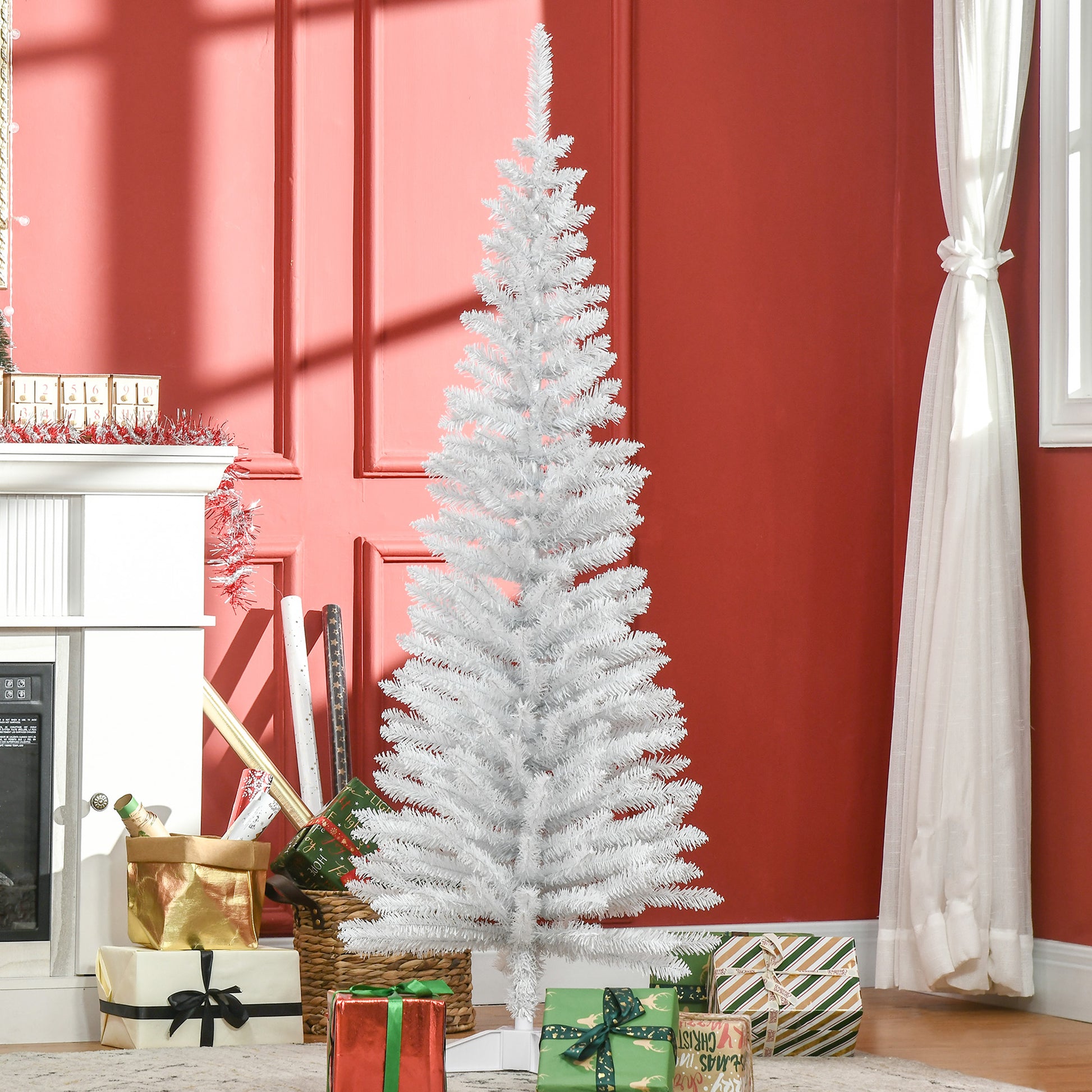 Homcom 5' Artificial Pencil Christmas Tree, Slim Xmas Tree With 294 Realistic Branch Tips And Plastic Stand, White White Plastic