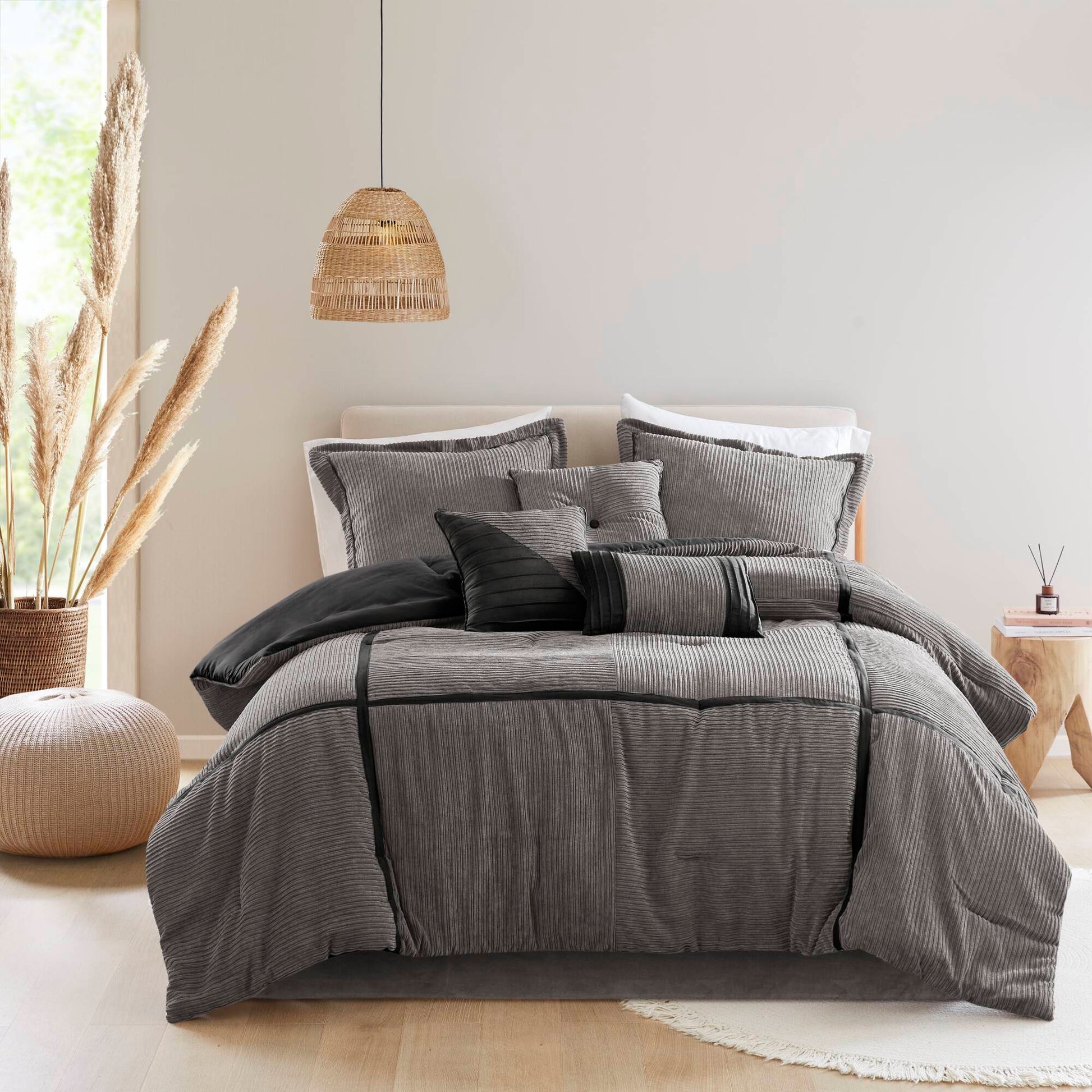 7 Piece Micro Corduroy Comforter Set Grey Cal King Grey Polyester