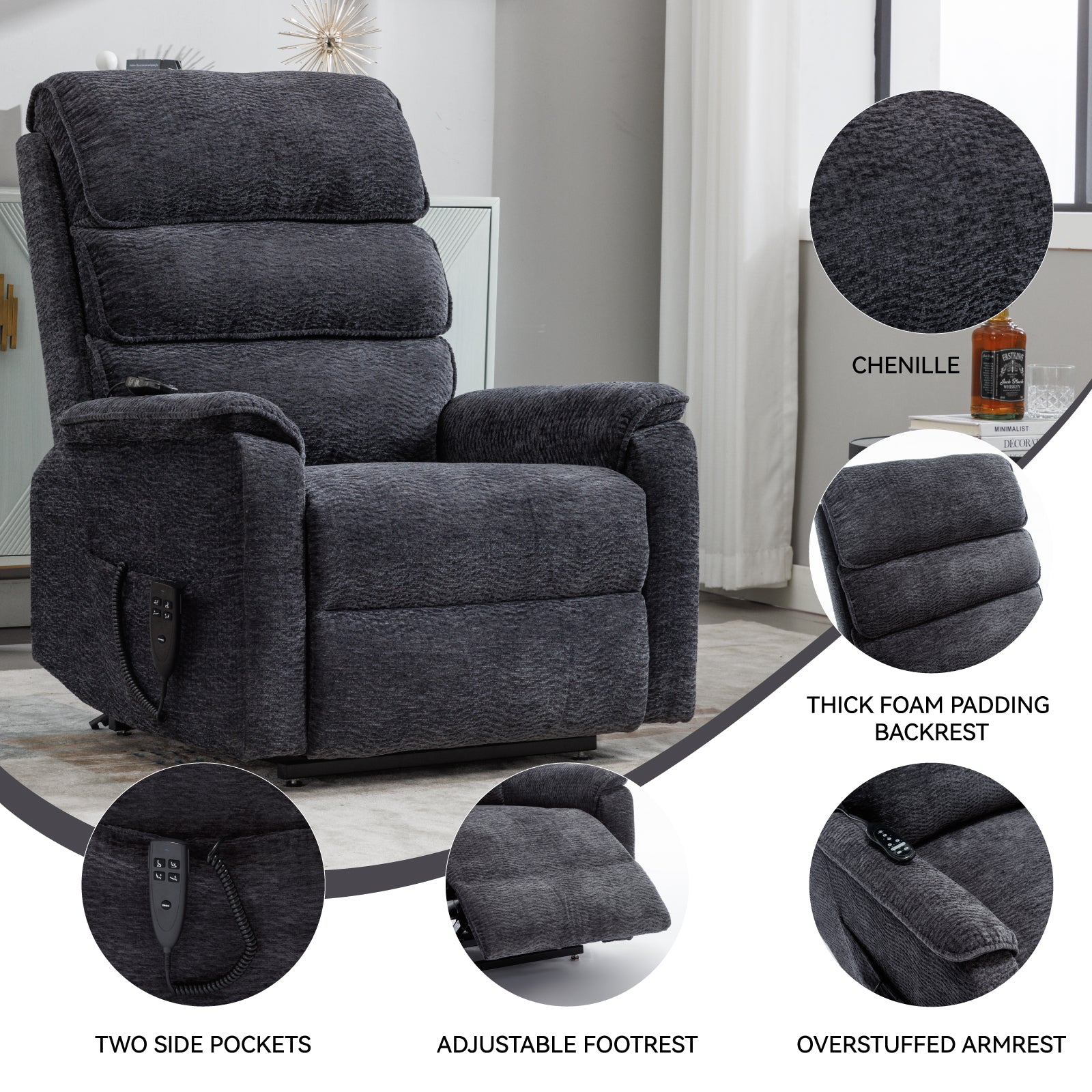 Grey Chenille Dual Motor Infinite Position Up To 350 Lbs Power Lift Recliner Chair With Power Remote, Heat Massage And Heavy Duty Motion Mechanism White Metal Primary Living Space Heavy Duty Push