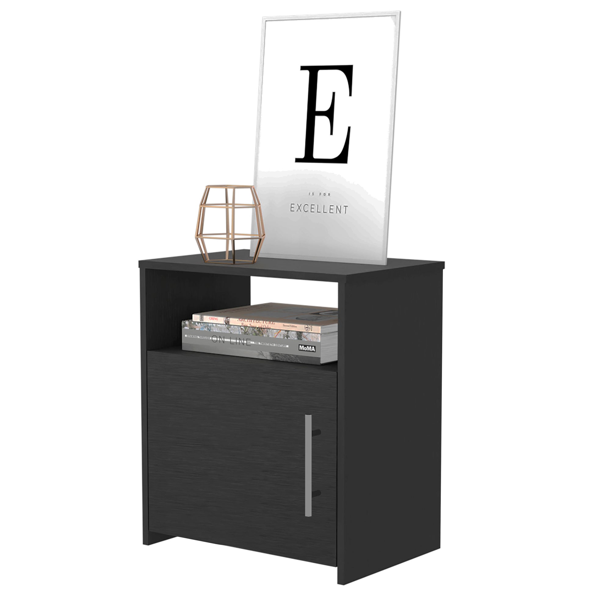 Bristol Nightstand, One Cabinet, Top Surface Black 1 Drawer Bedroom Contemporary Pine Storage Pine Melamine Engineered Wood