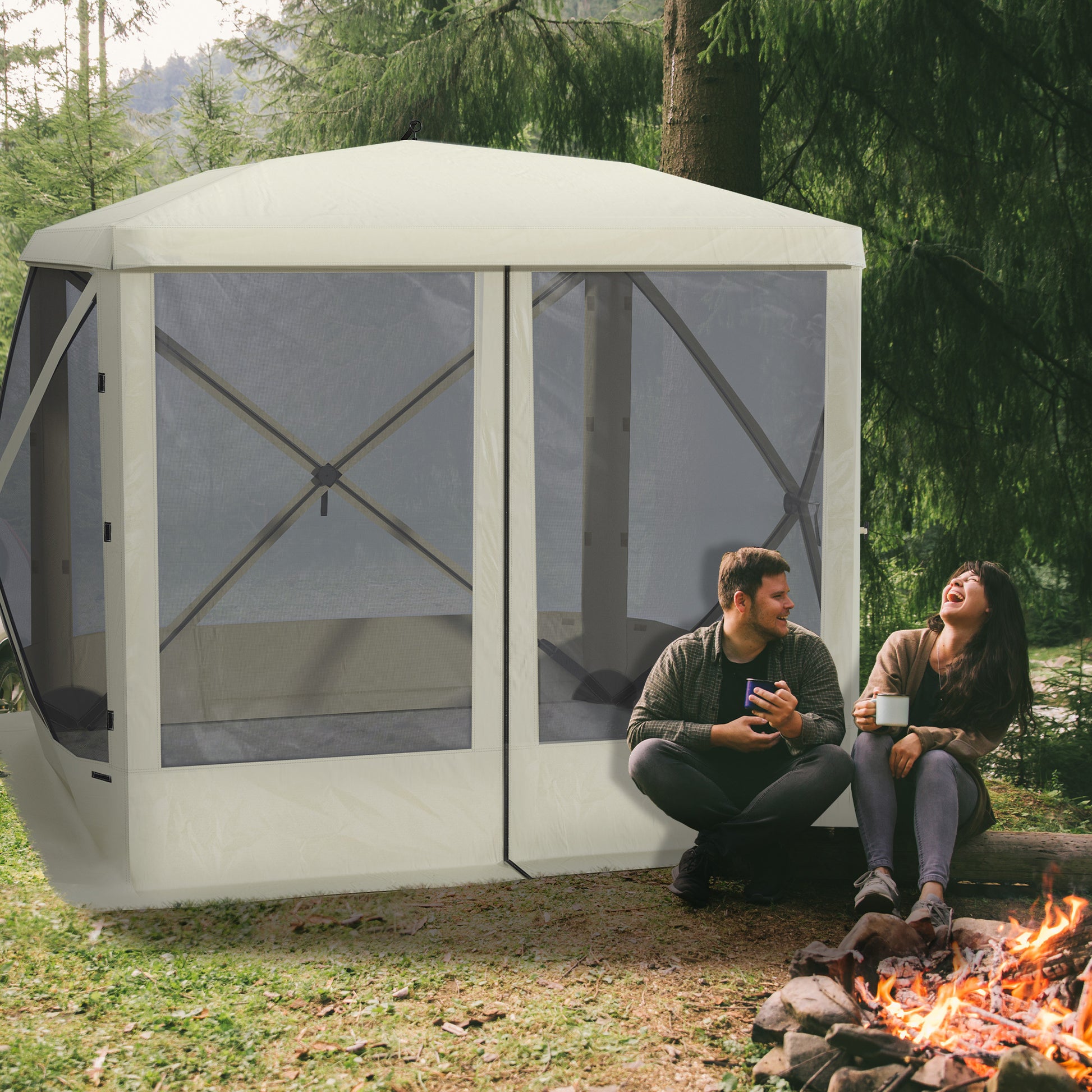 Outsunny Pop Up Camping Canopy Gazebo Screen Shelter Tent With Single Person Easy Set Up, Ventilating Mesh, Portable Carry Bag For Outdoor Camping Party Event, 7X7Ft, Beige Beige Polyester