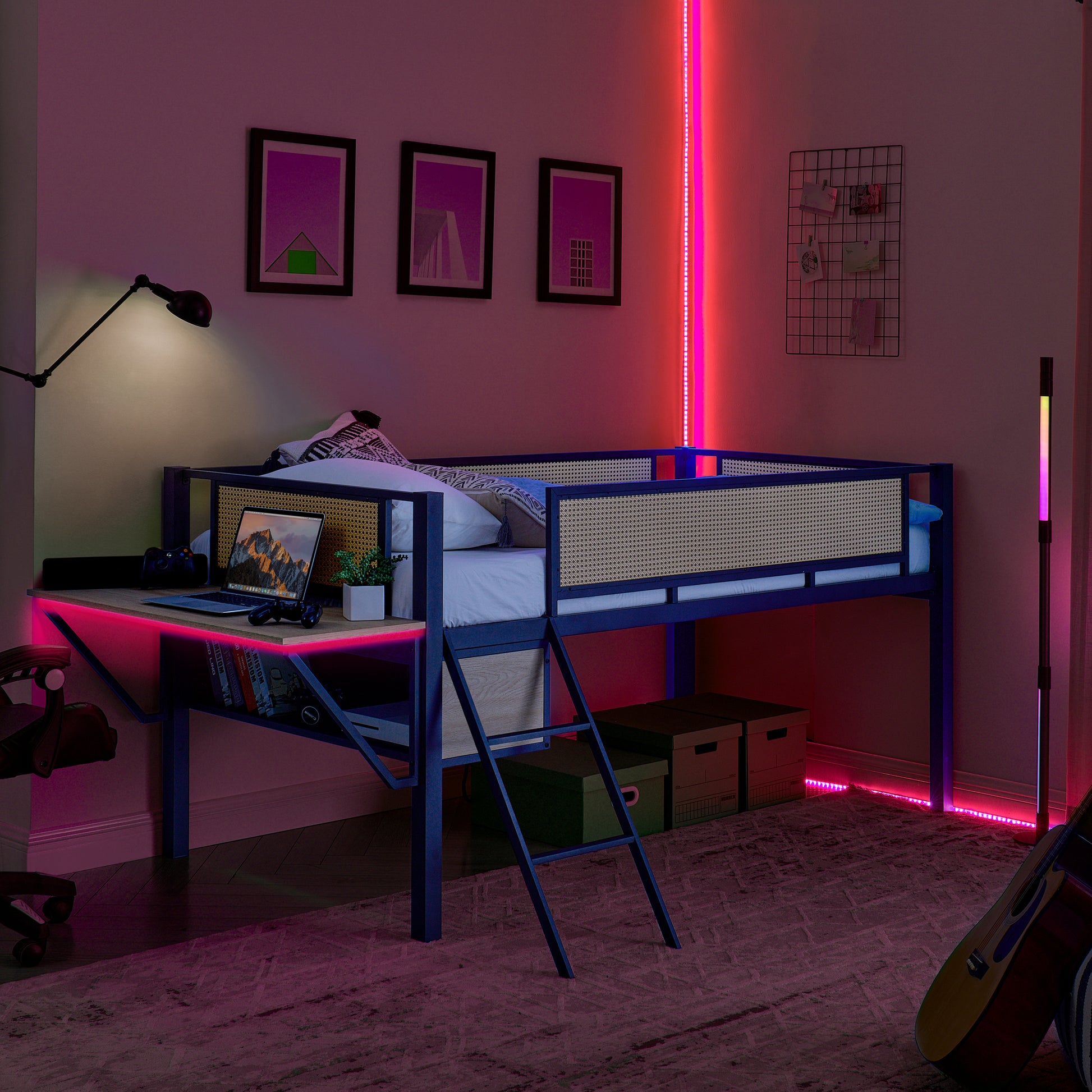 Single Metal Loft Bed With Rectangular Desk, Led Lights, Led Loft Bed Frame Double Bed With Storage Shelves And Hanging Storage Compartments, Safety Guard And Ladder, No Box Springs Required, Rattan G Twin Black Natural Mdf Iron
