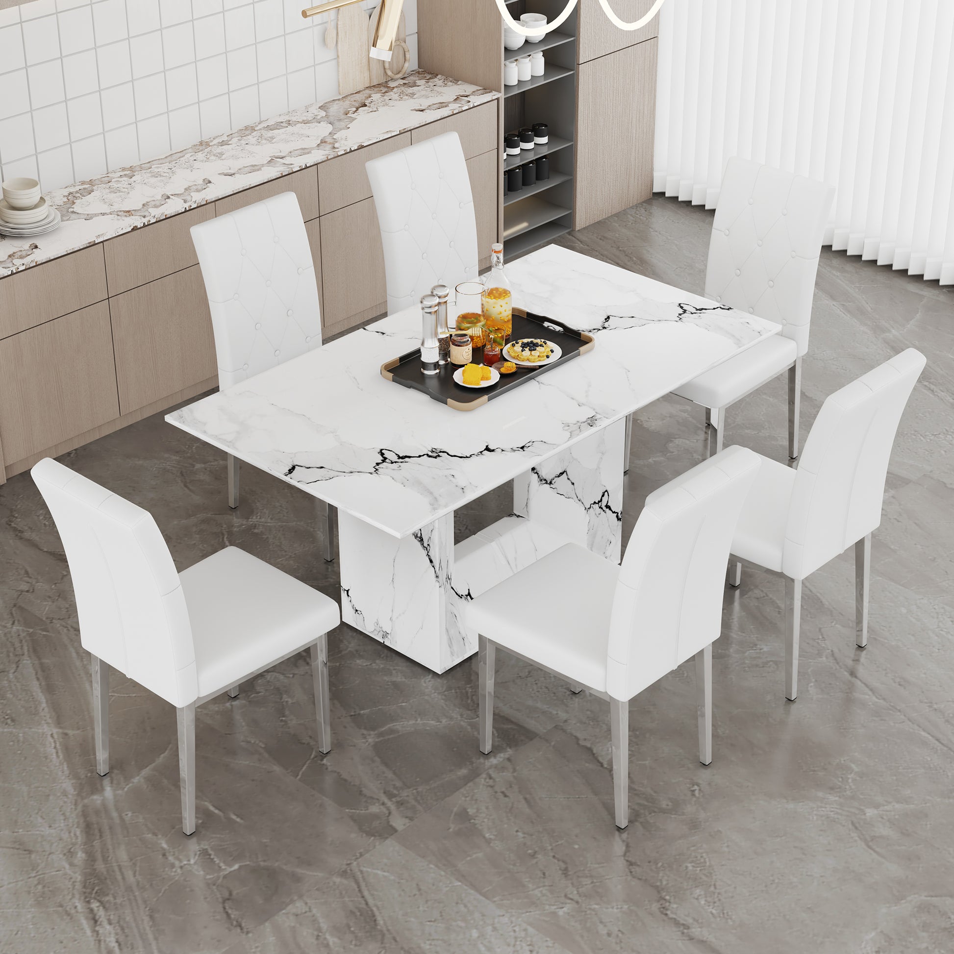 Table And Chair Set.63"X35.4" White Marble Patterned Mdf Dining Table Set With 6 Armless White Pu Chairs.Showcasing A Modern And Stylish Look. White Seats 6 Mdf Metal