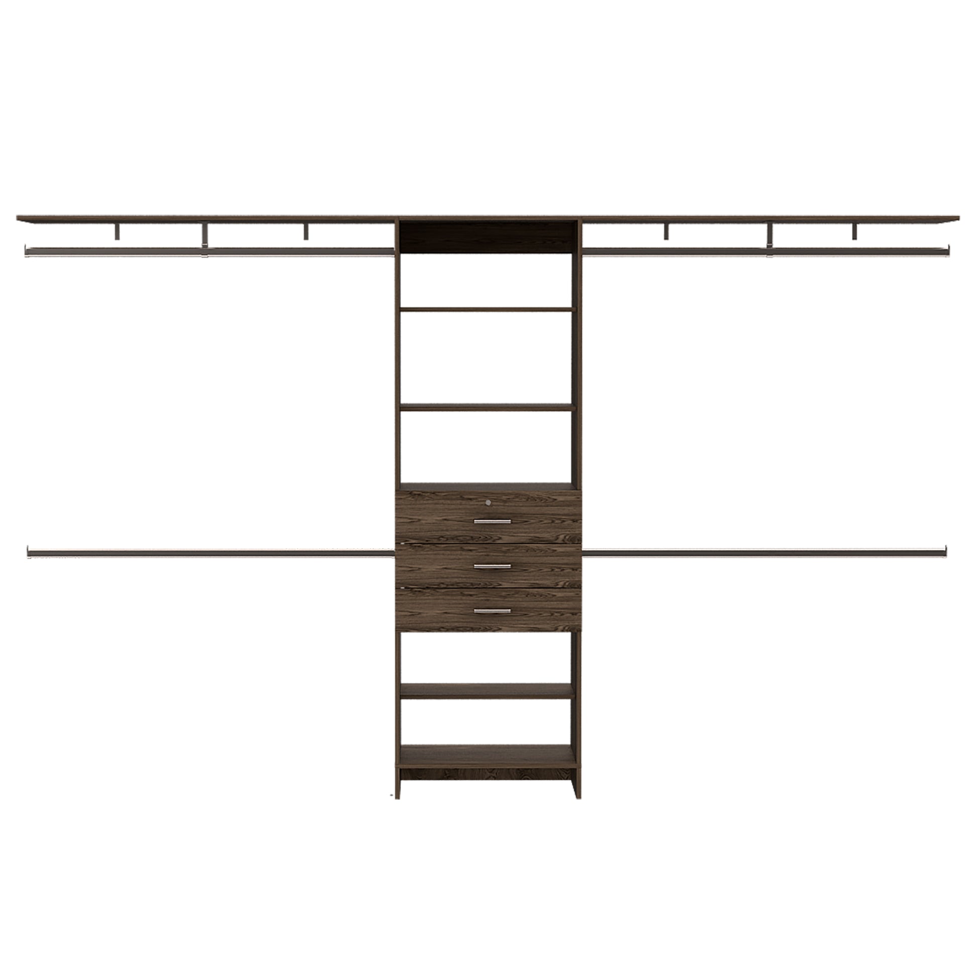 Closet System 69"W 118"W, Four Hanging Rods, Three Drawers, Five Shelves, Dark Walnut Walnut Solid Wood Mdf Engineered Wood