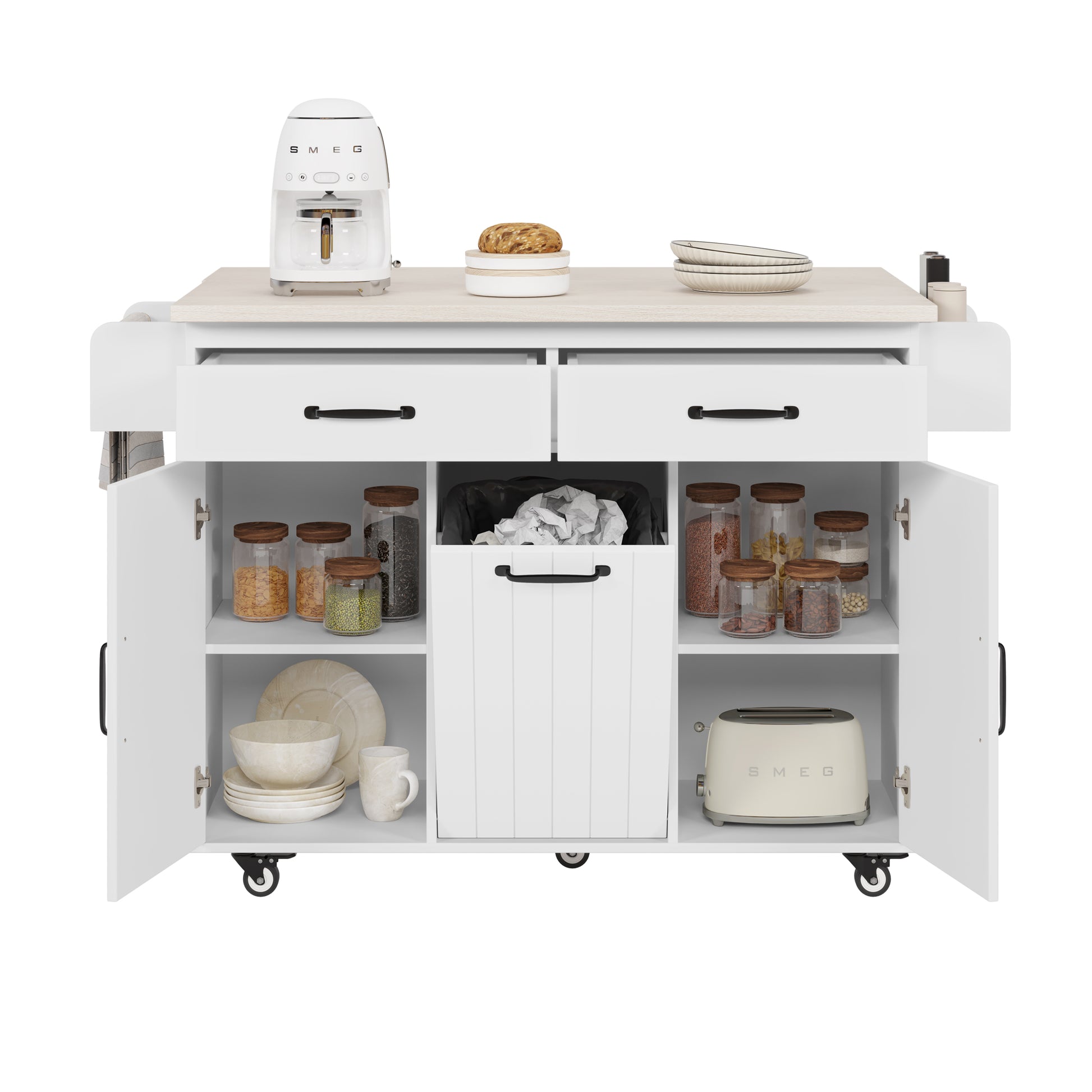 K&K Kitchen Island With Trash Can Storage Cabinet, Kitchen Cart With Drop Leaf, Spice Rack, Towel Rack And Drawer, Rolling Kitchen Island On Wheels With Adjustable Shelf, White Ameican White Oak