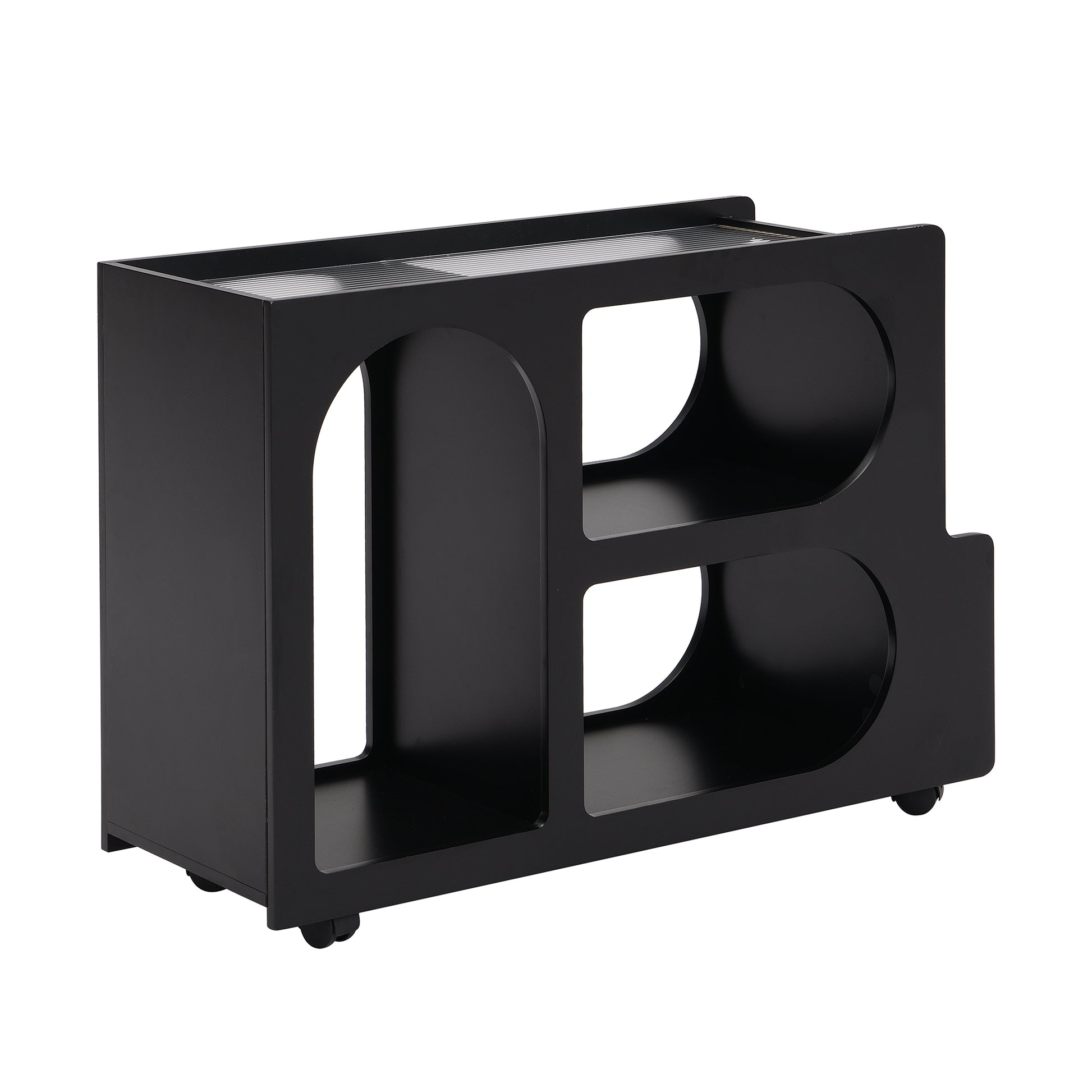 Mobile End Table With Lockable Wheels, Narrow Coffee Table With 5Mm Thick Fluted Tempered Glass, Modern Nightstand With Golden Round Rod, Living Room, Black, 31.5''W X11.8''D X 23.1''H Black Primary Living Space Mdf