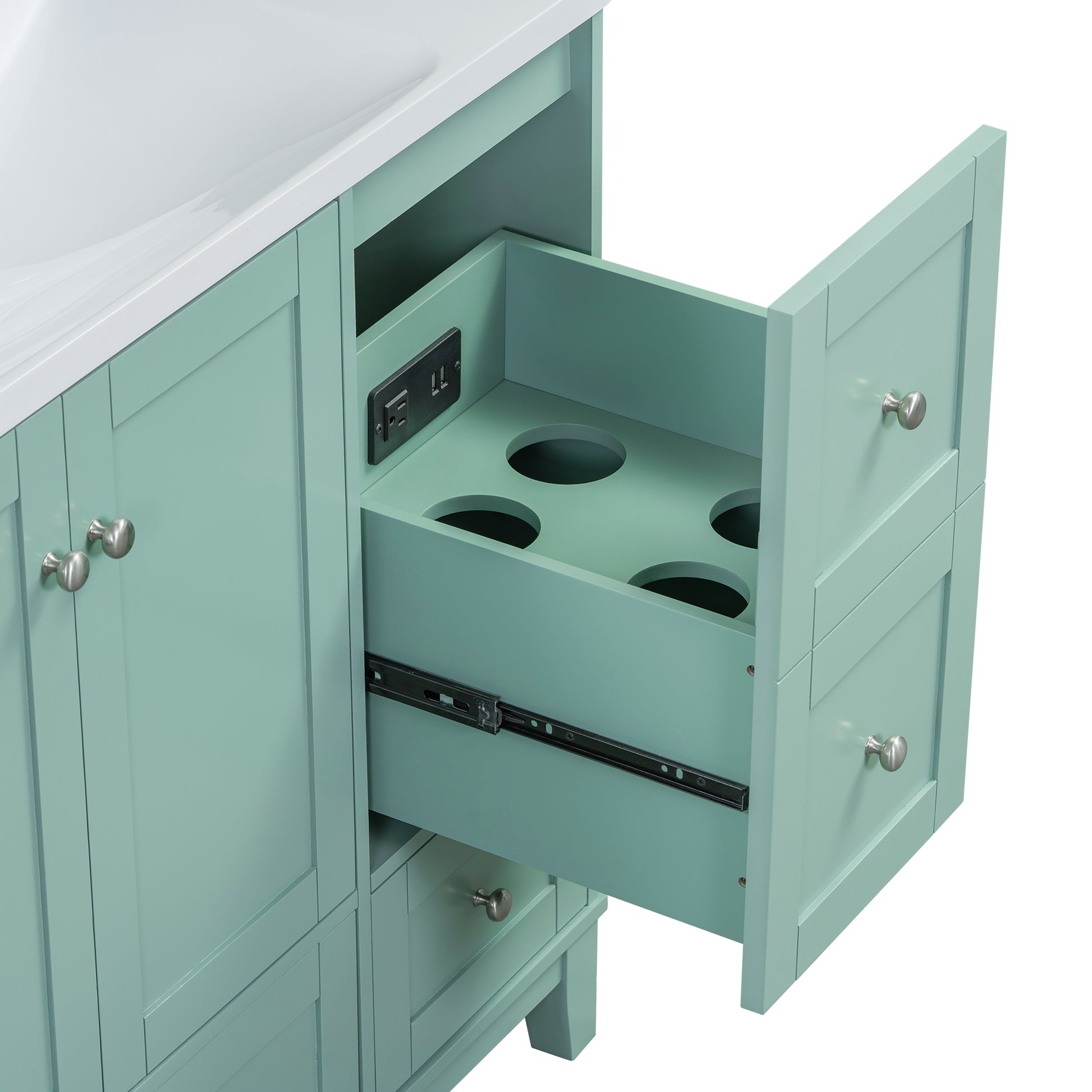 36 Inch Modern Bathroom Vanity With Usb Charging, Two Doors And Three Drawers Bathroom Storage Vanity Cabinet, Small Bathroom Vanity Cabinet With Single Sinkgreen Faucets Not Included Green Bathroom Modern Solid Wood Mdf Resin