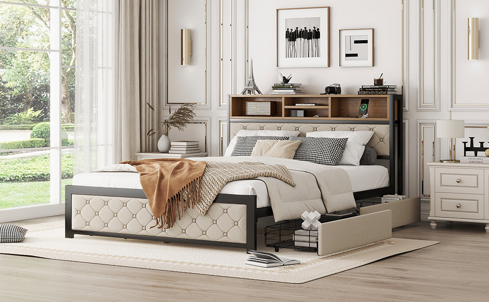 Metal Queen Size Platform Bed With 4 Drawers, Upholstered Headboard And Footboard, Sockets And Usb Ports, Beige Queen Beige Black Fabric Metal