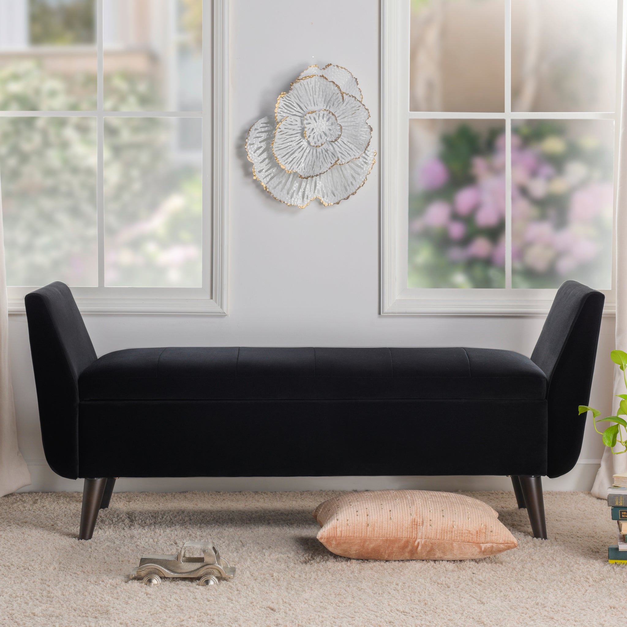 Duff 60" Mid Century Modern Upholstered Entryway Storage Bench, Anthracite Black Velvet Anthracite Foam Velvet