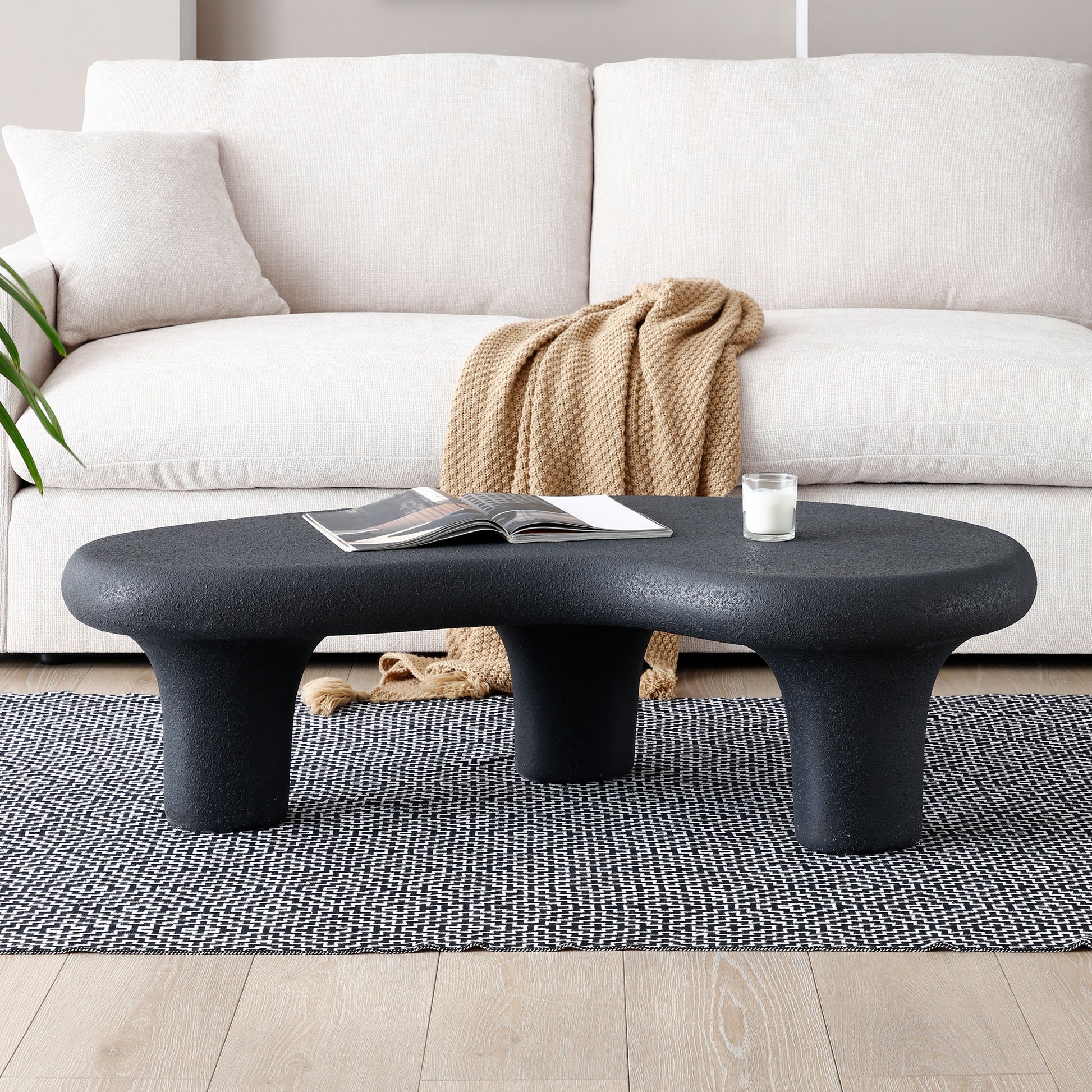 47.24'' Fiberglass Cloud Coffee Table For Living Room Vintage Table With 3 Support Legs,Matte Black Table Front Of The Sofa, Irregular Center Table,No Need Assembly Matt Black Fiberglass