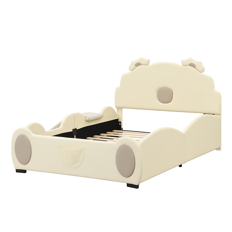 Full Size Upholstered Platform Bed With Piglet Shape Headboard And Children'S Slide, Beige Box Spring Not Required Full Beige Wood Bedroom Bed Frame Faux Leather Upholstered