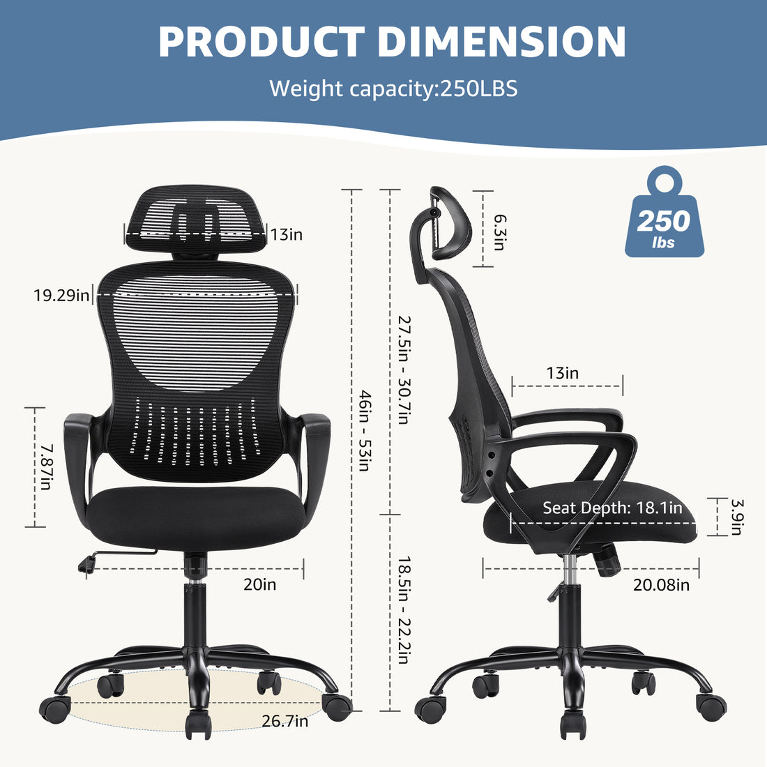 Mesh Rolling Work Chairs With Wheels And Adjustable Headrests, Comfortable Lumbar Support, Comfy Armrest For Home, Bedroom, Study,Black Black Abs