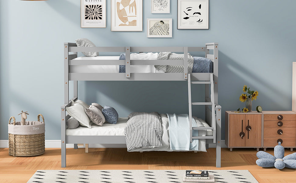 Twin Over Full Bunk Bed With Ladder, Safety Guardrail, Perfect For Bedroom, Gray Box Spring Not Required Twin Gray Wood Bedroom Bunk Pine