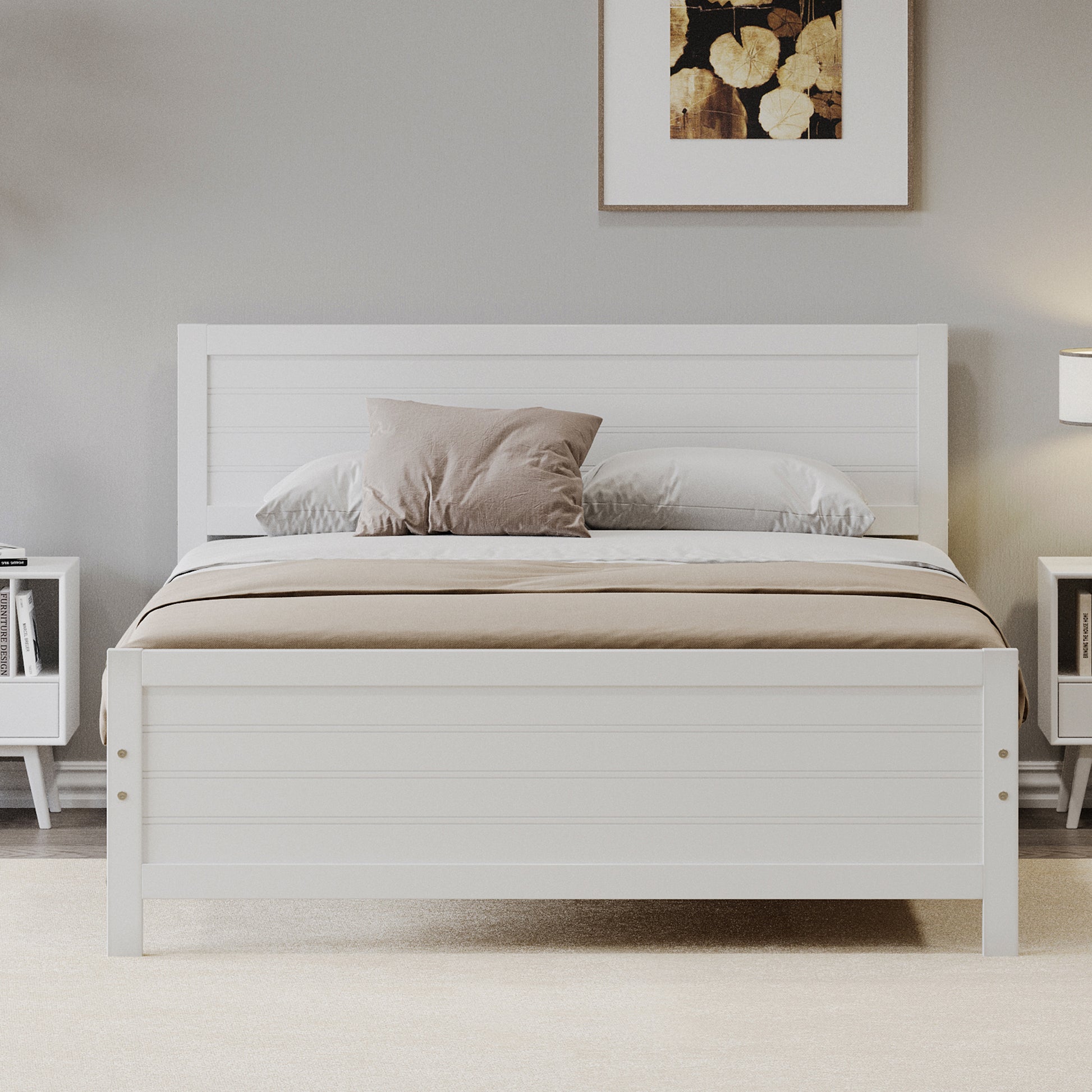 Wood Platform Bed Frame With Headboard, Mattress Foundation With Wood Slat Support, No Box Spring Needed, Queen Size, White Box Spring Not Required Queen White Wood Solid Wood Mdf