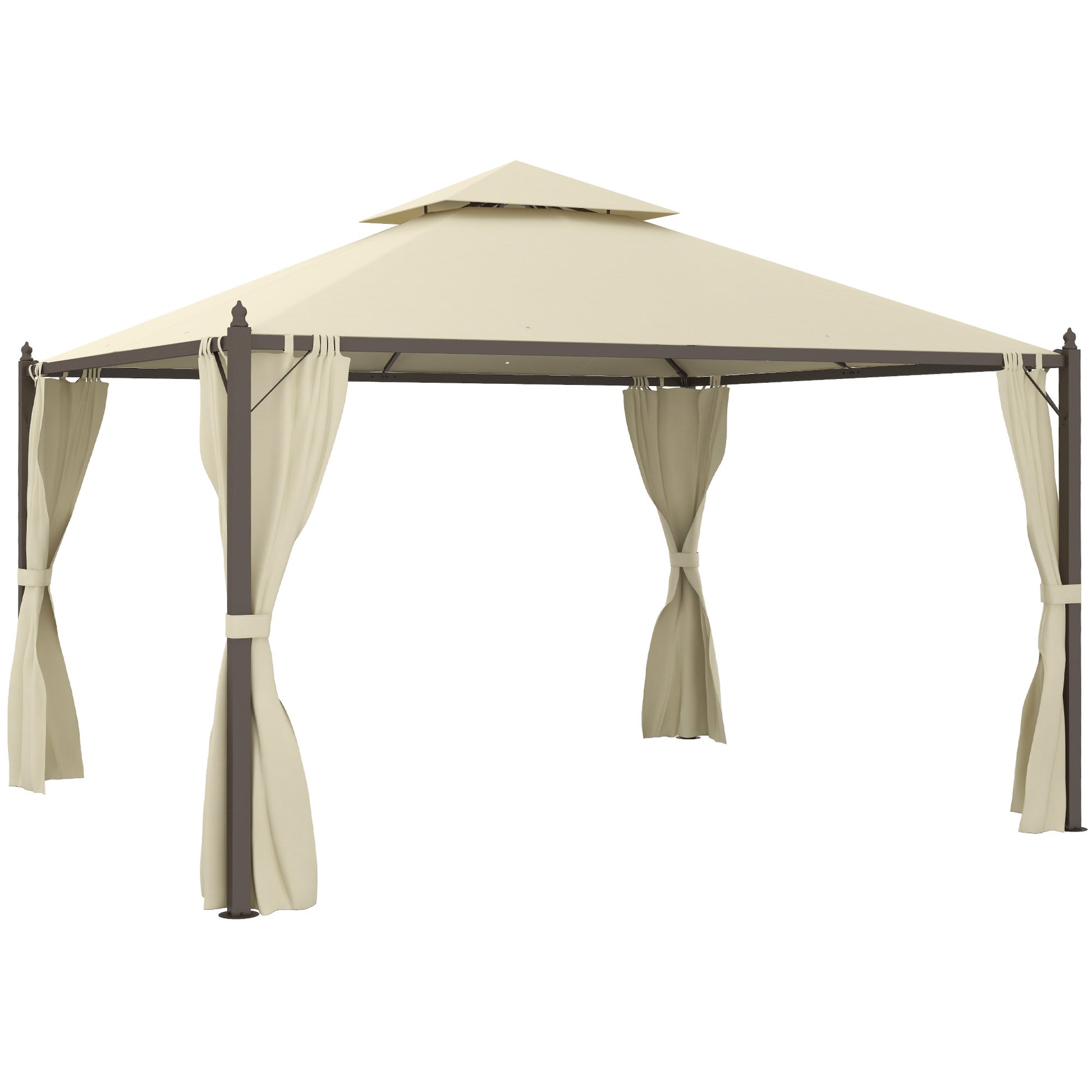 Outsunny 10' X 12' Steel Outdoor Patio Gazebo With Polyester Privacy Curtains, Two Tier Roof For Air, Large Design Beige Steel