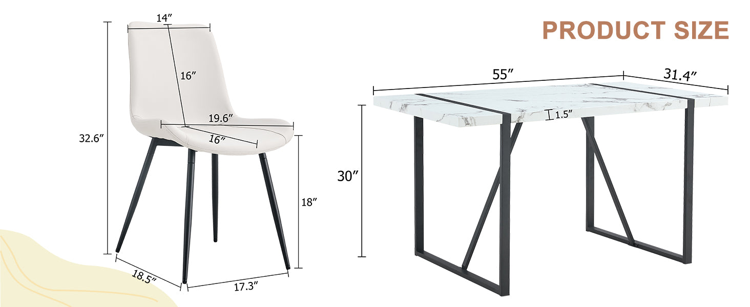 Table And Chair Set.A Modern Minimalist White Marble Veined Mdf Dining Table With Metal Frame.Paried With 6 Chairs With Pu Cushions And Black Metal Legs. White Seats 6 Mdf Metal