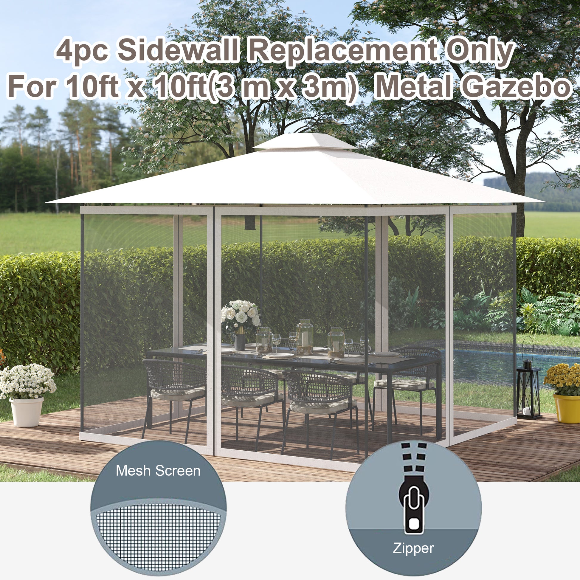 Outsunny 10' X 10' Universal Replacement Mesh Sidewall Netting For Patio Gazebos And Canopy Tents With Zippers, Sidewall Only , White White Polyester