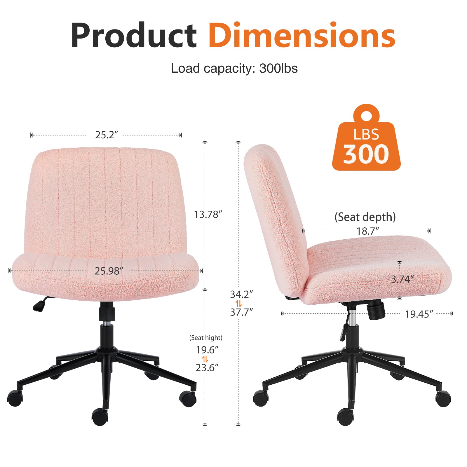 Office Chair, Backrest, Armless Office Chair, Adjustable Swivel For Comfortable Home Office, Pink, Teddy Wool Fabric Pink Stainless Steel