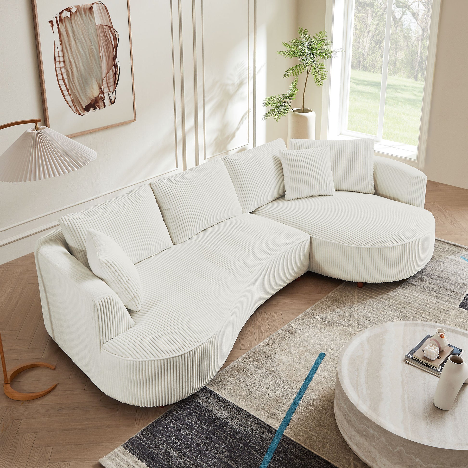 122.04 Inch Corduroy Upholstered Sectional Sofa With Right Facing Chaise For Living Room Office Corner White Corduroy Modern Sofa White Corduroy 3 Seat