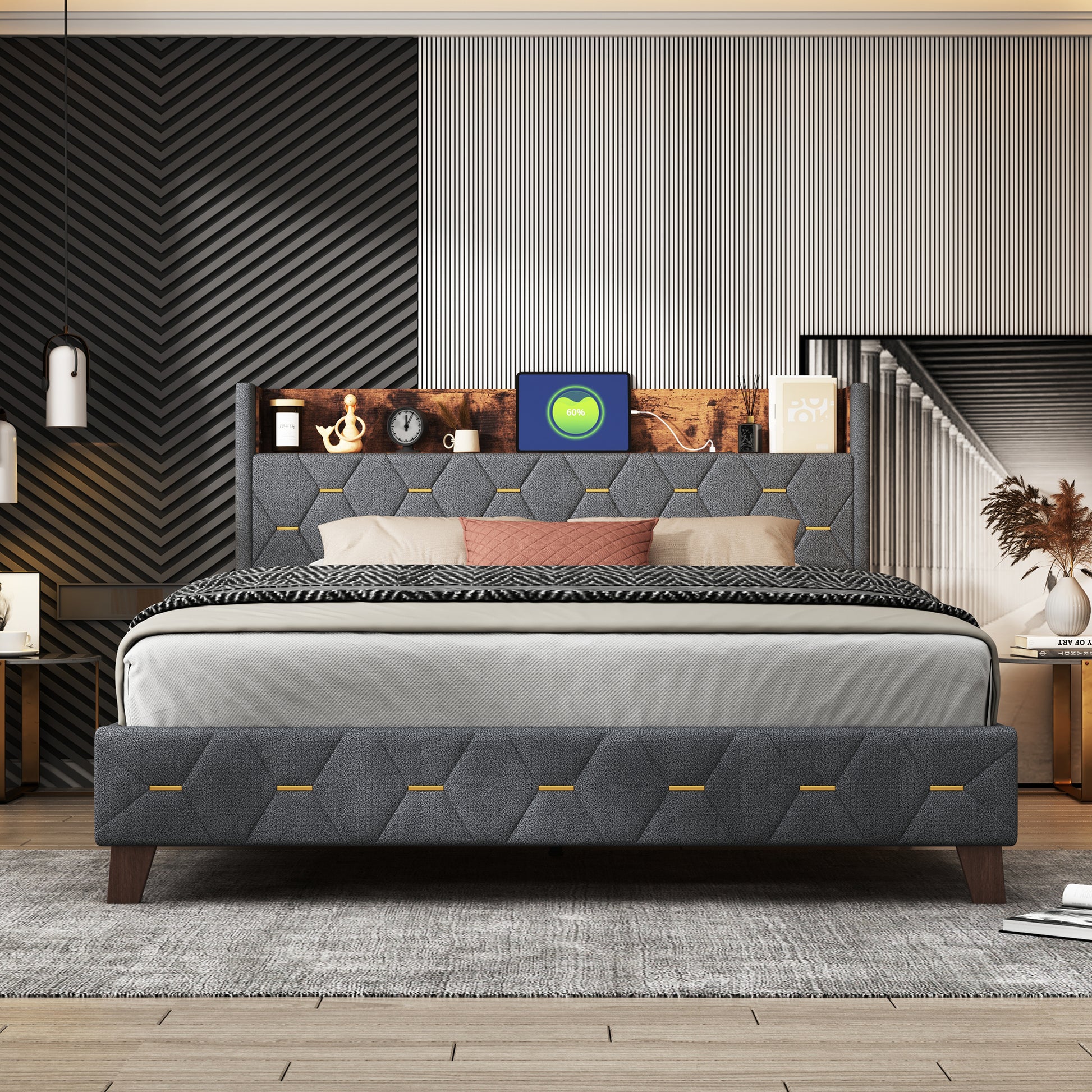Gray Full Bed With Elegant Gold Metal Buttons, Built In Usb Ports, Phone Storage Pocket, And Spacious Headboard Shelving Sturdy Frame Supports Up To 300 Lbs,Mattress Not Included Box Spring Not Required Full Aqua Grey Abs