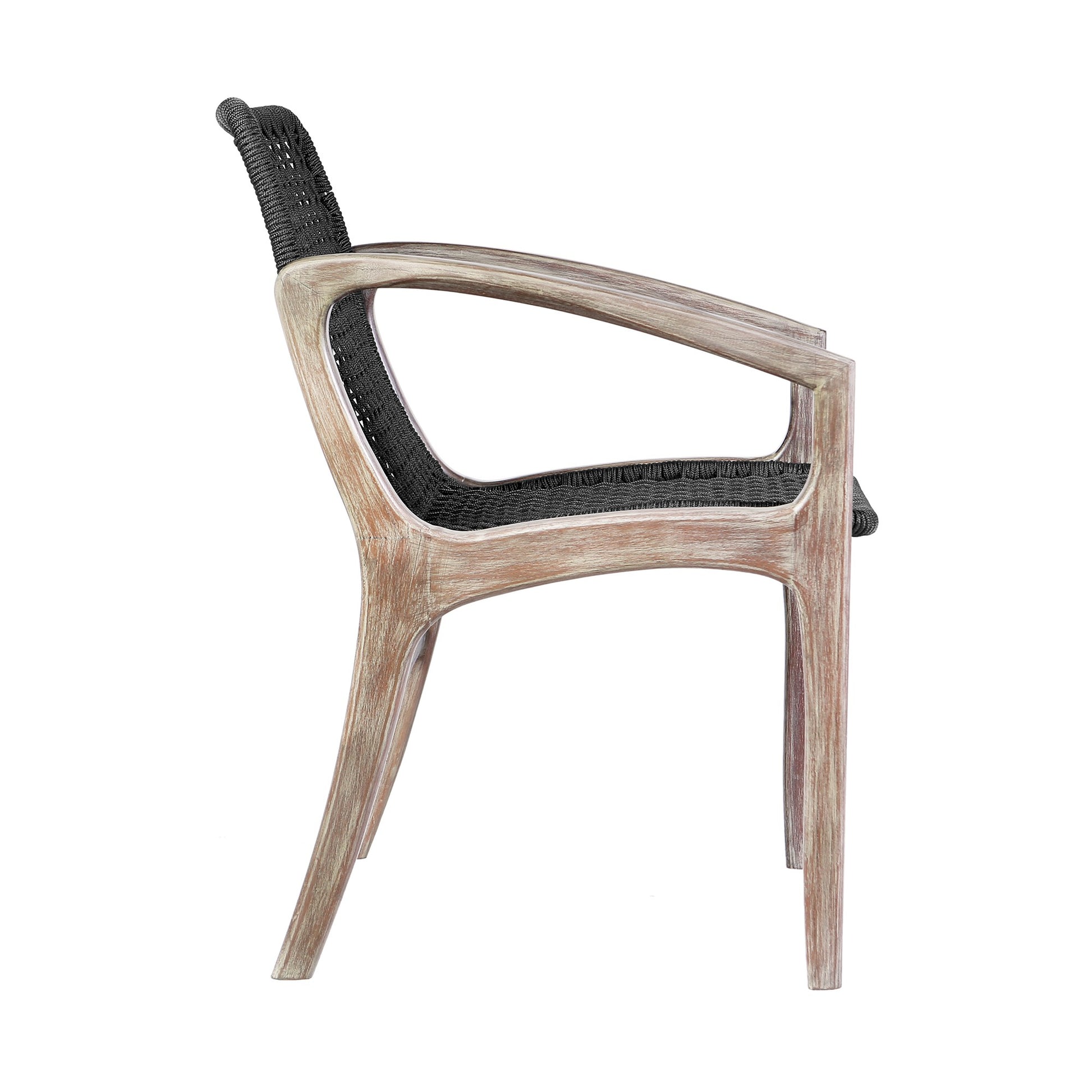 Tye 25 Inch Patio Dining Chair, Light Eucalyptus Wood, Dark Gray Rope Seat Gray Wood