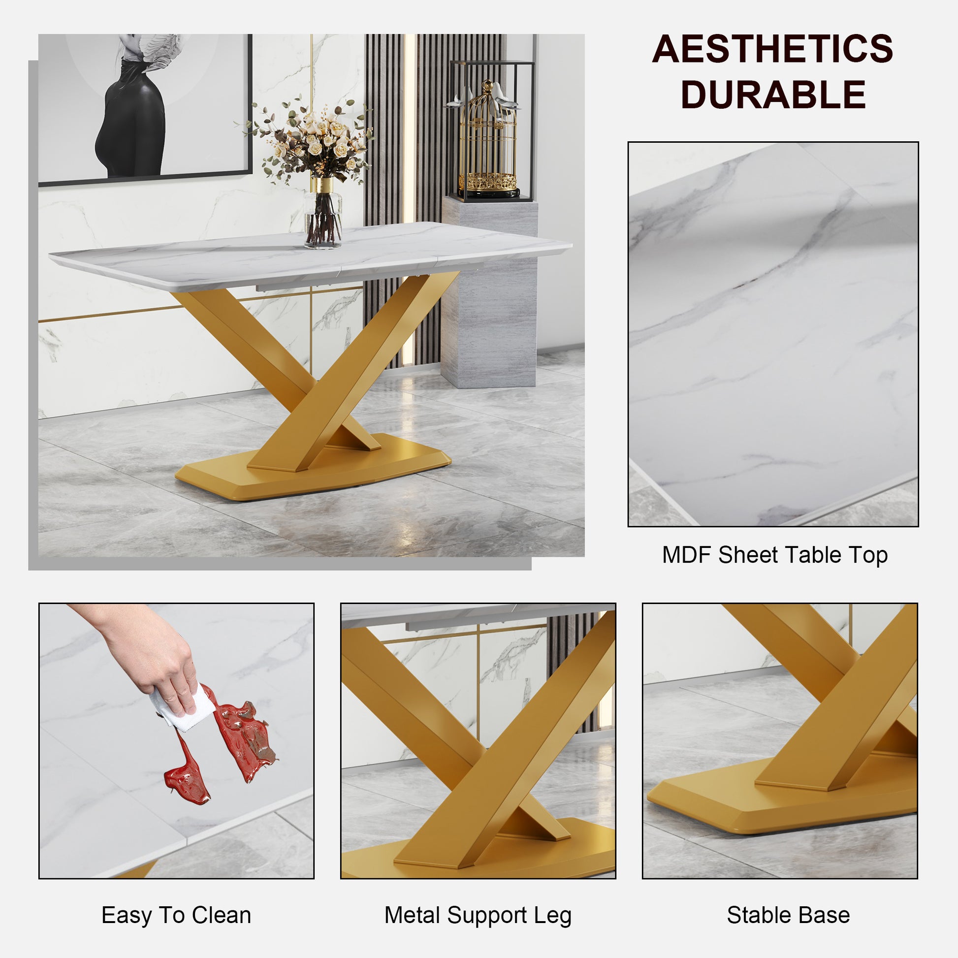 Table And Chair Set, The Table Is Equipped With A Marble Patterned Mdf Tabletop And Gold Table Legs.The Chair Is Equipped With Pu Synthetic Leather High Back Cushion And Gold Coated Metal Legs. Gold White Seats 4 Mdf Metal