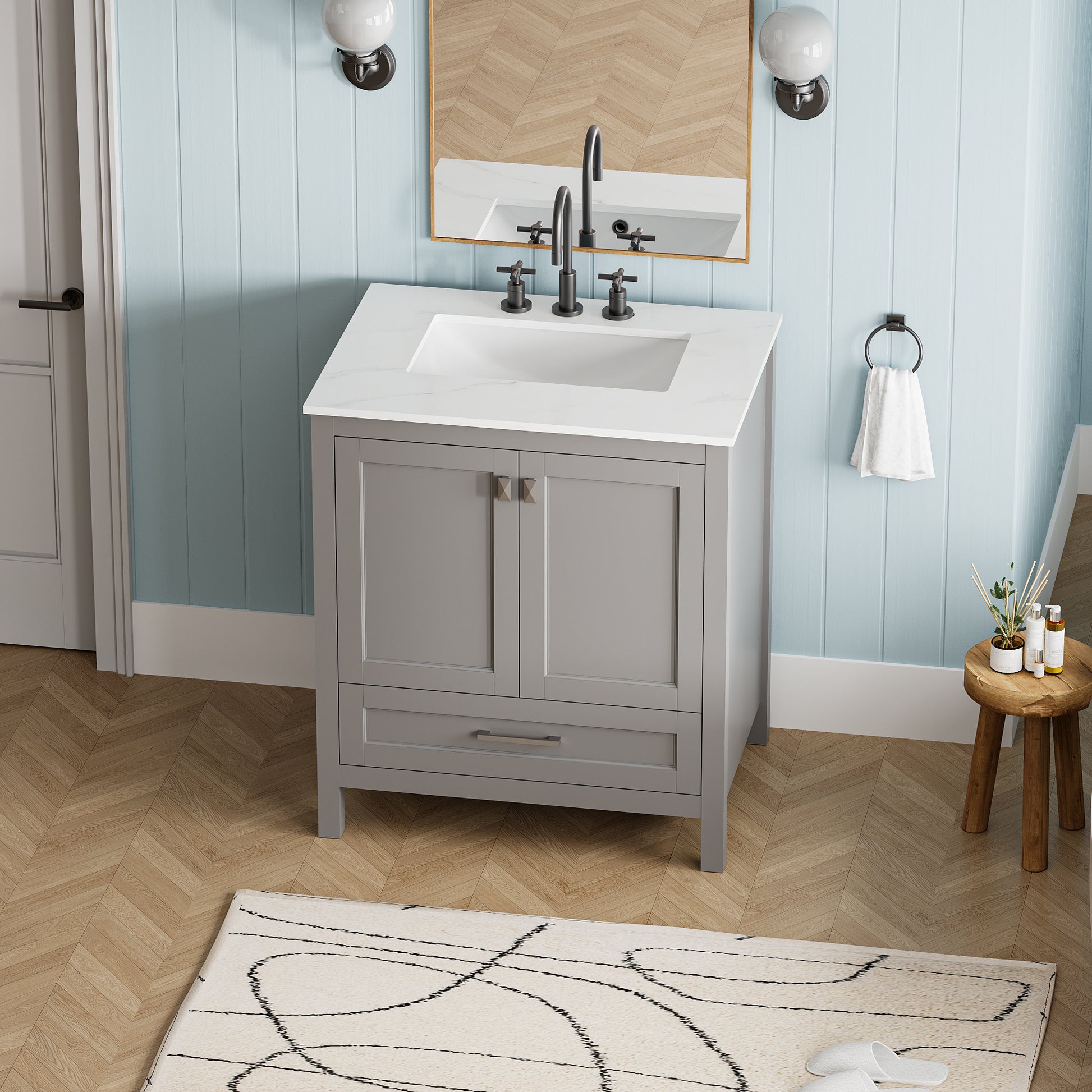 30 Inch Freestanding Bathroom Vanity With Sink, Carrara Engineered Marble Vanity Top With Undermounted Rectangular Ceramic Sink, Large Storage Soft Close Door, Grey 24V03 30Gr Grey Wood Solid Wood