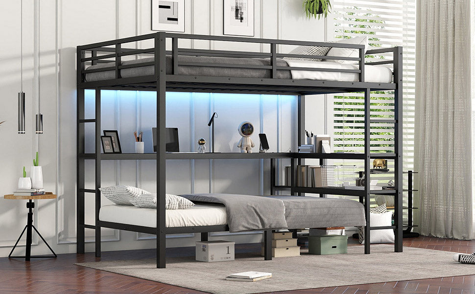 Full Xl Over Twin Bunk Bed With Desk And Shelves, Multiple Placement, With Led And Usb, Black Black Metal