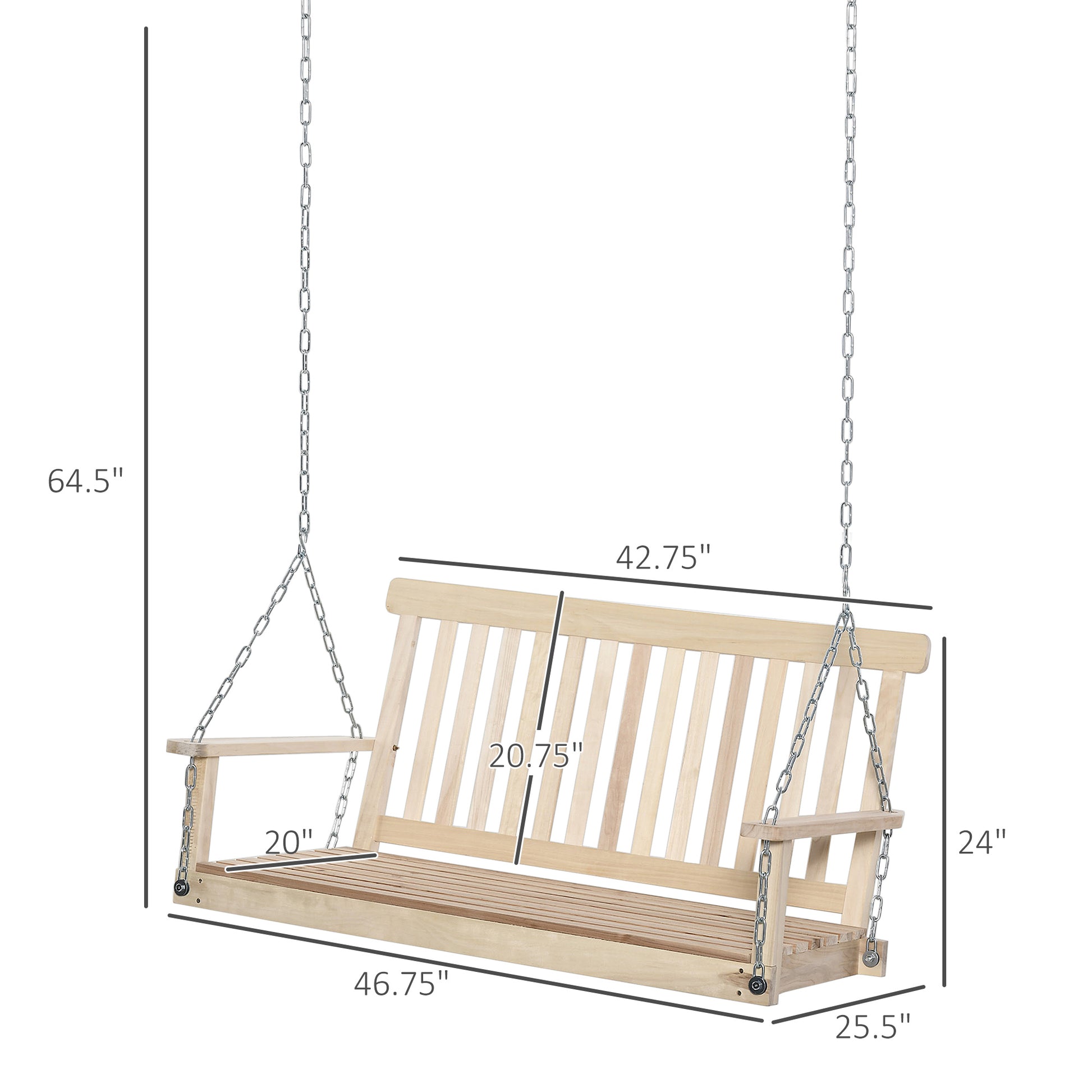Outsunny 2 Seater Hanging Porch Swing Outdoor Patio Swing Chair Seat With Slatted Build And Chains, 440Lbs Weight Capacity, Natural Natural Wood