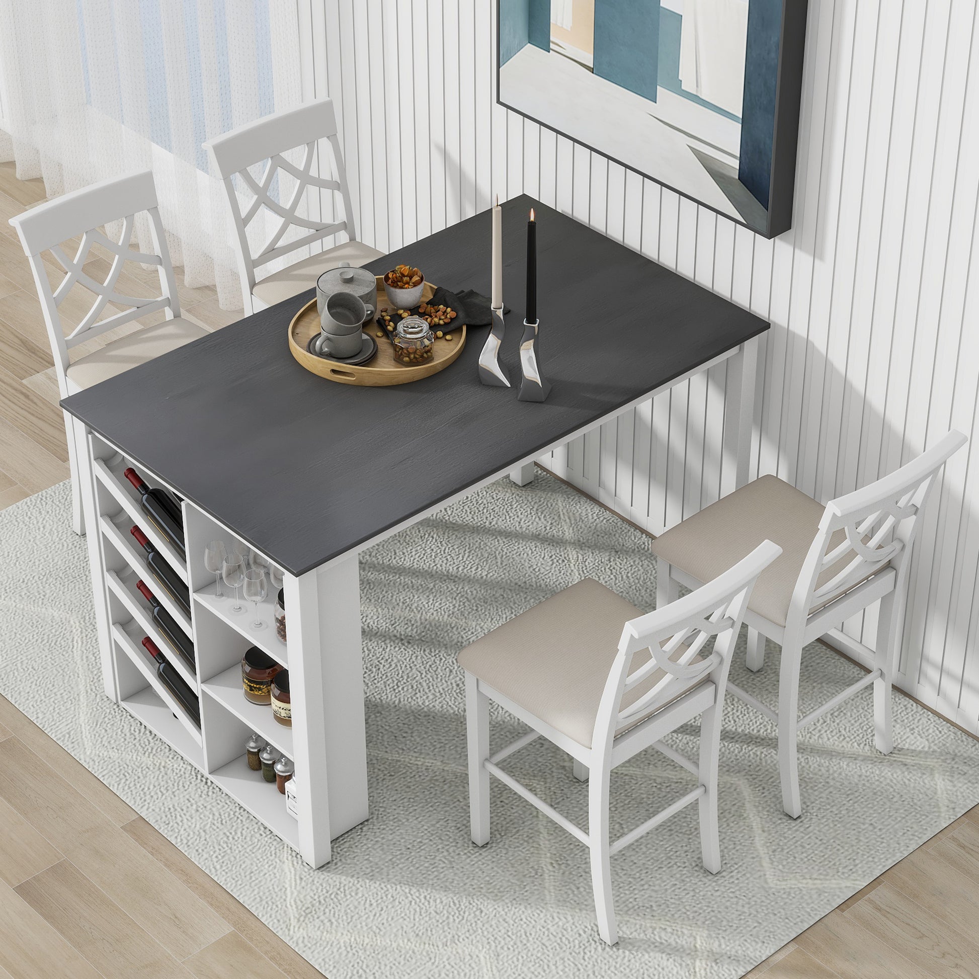 Updated Counter Height 5 Piece Solid Wood Dining Table Set, 59*35.4Inch Table With Curved Wine Rack And 4 Upholstered Chairs, White Wood Dining Room Solid Wood Rubberwood Rectangular Dining Table With Chair Wood Wood White Solid Back Seats 4 Farmhouse 4